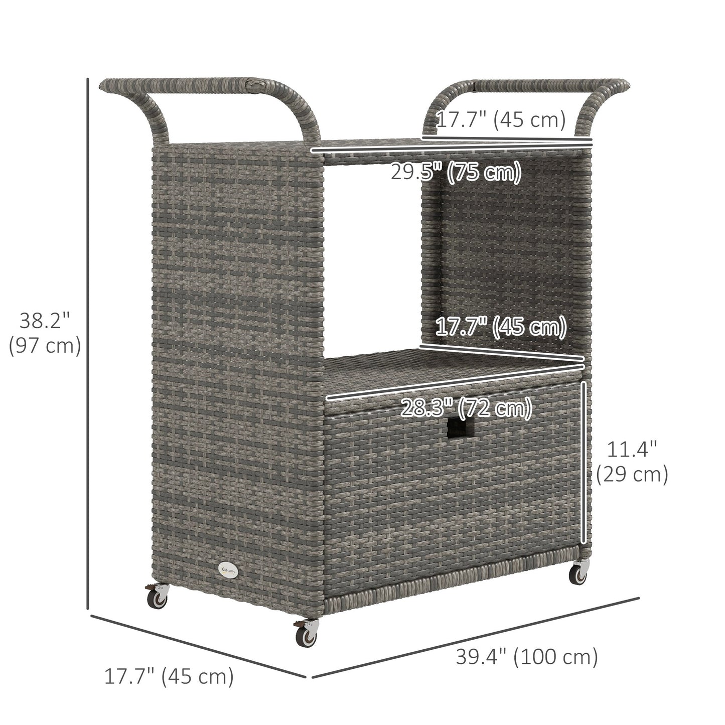 Patio PE Wicker Garden Serving Cart with 2-Tier Shelf, Outdoor Wheeled Rattan Food Cart with Drawer, Handles, for Poolside, Garden, Mixed Grey