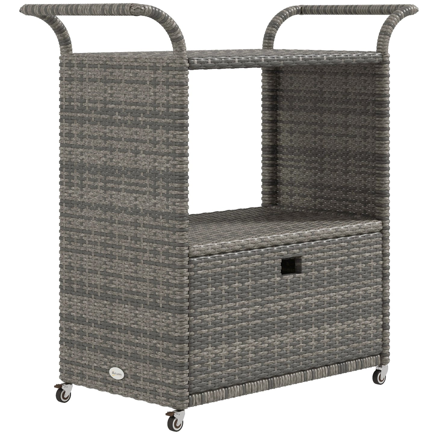 Patio PE Wicker Garden Serving Cart with 2-Tier Shelf, Outdoor Wheeled Rattan Food Cart with Drawer, Handles, for Poolside, Garden, Mixed Grey