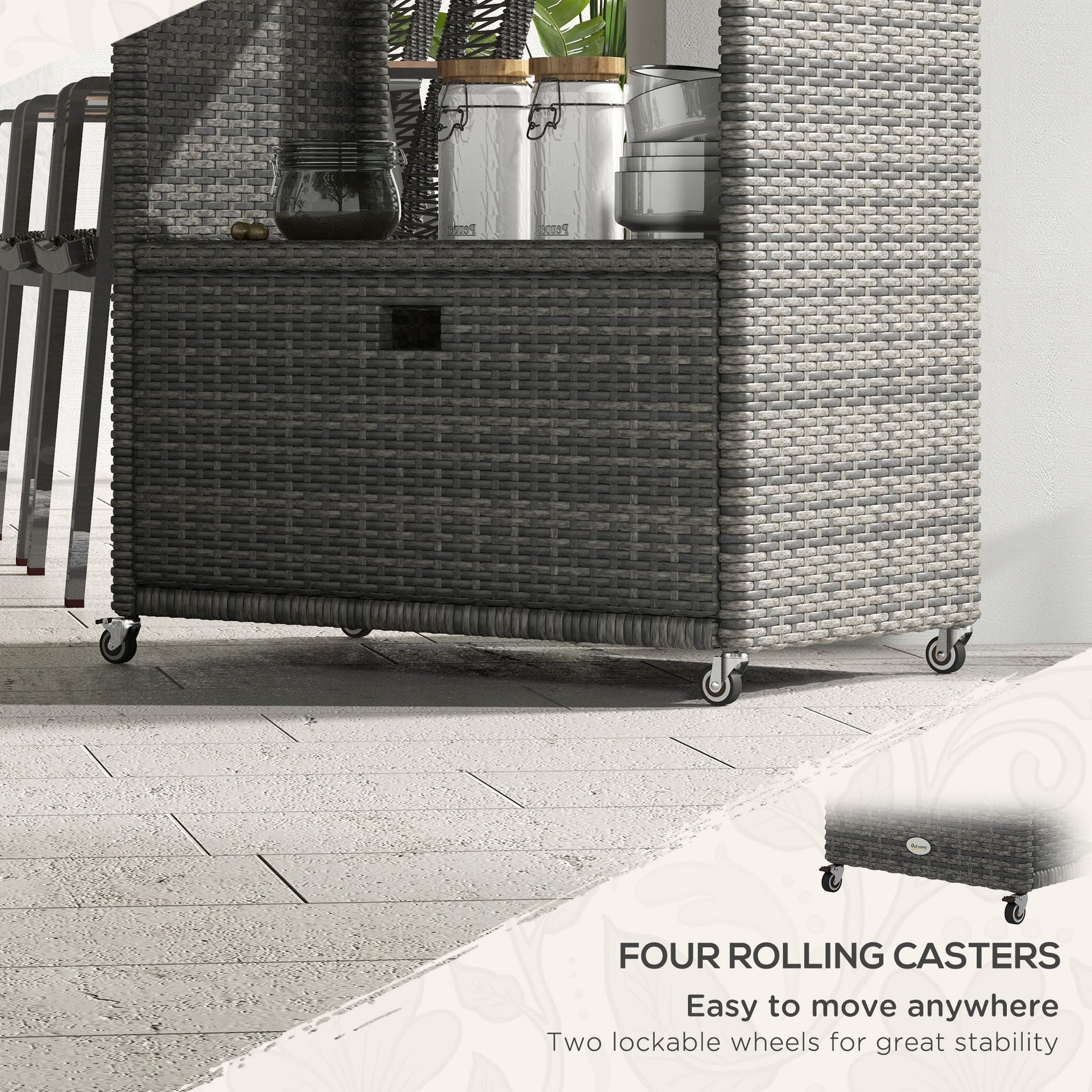 Patio PE Wicker Garden Serving Cart with 2-Tier Shelf, Outdoor Wheeled Rattan Food Cart with Drawer, Handles, for Poolside, Garden, Mixed Grey