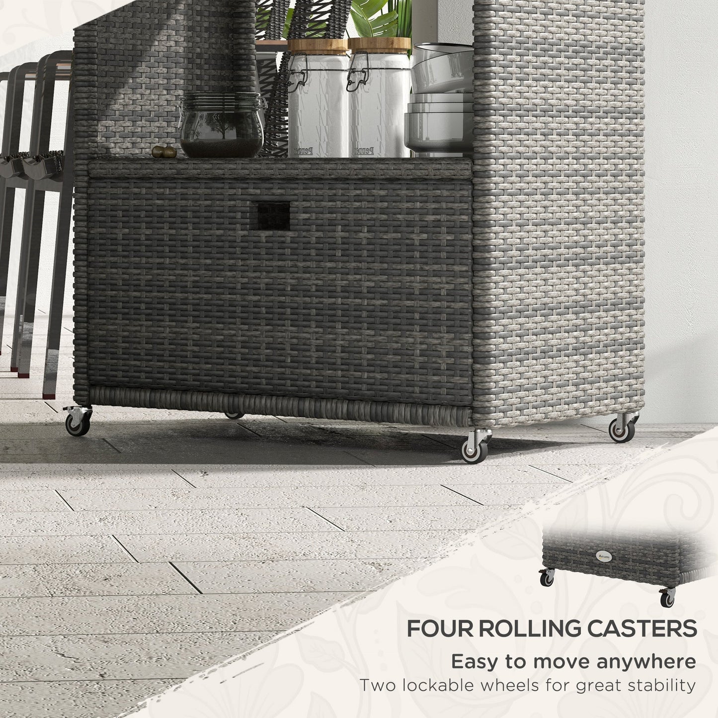 Patio PE Wicker Garden Serving Cart with 2-Tier Shelf, Outdoor Wheeled Rattan Food Cart with Drawer, Handles, for Poolside, Garden, Mixed Grey
