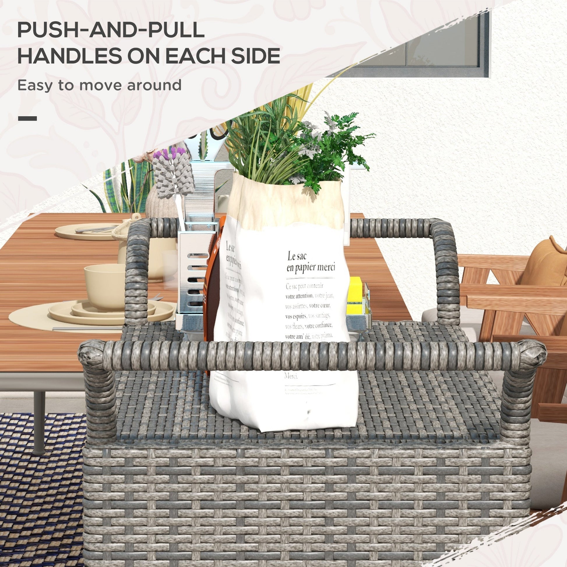Patio PE Wicker Garden Serving Cart with 2-Tier Shelf, Outdoor Wheeled Rattan Food Cart with Drawer, Handles, for Poolside, Garden, Mixed Grey