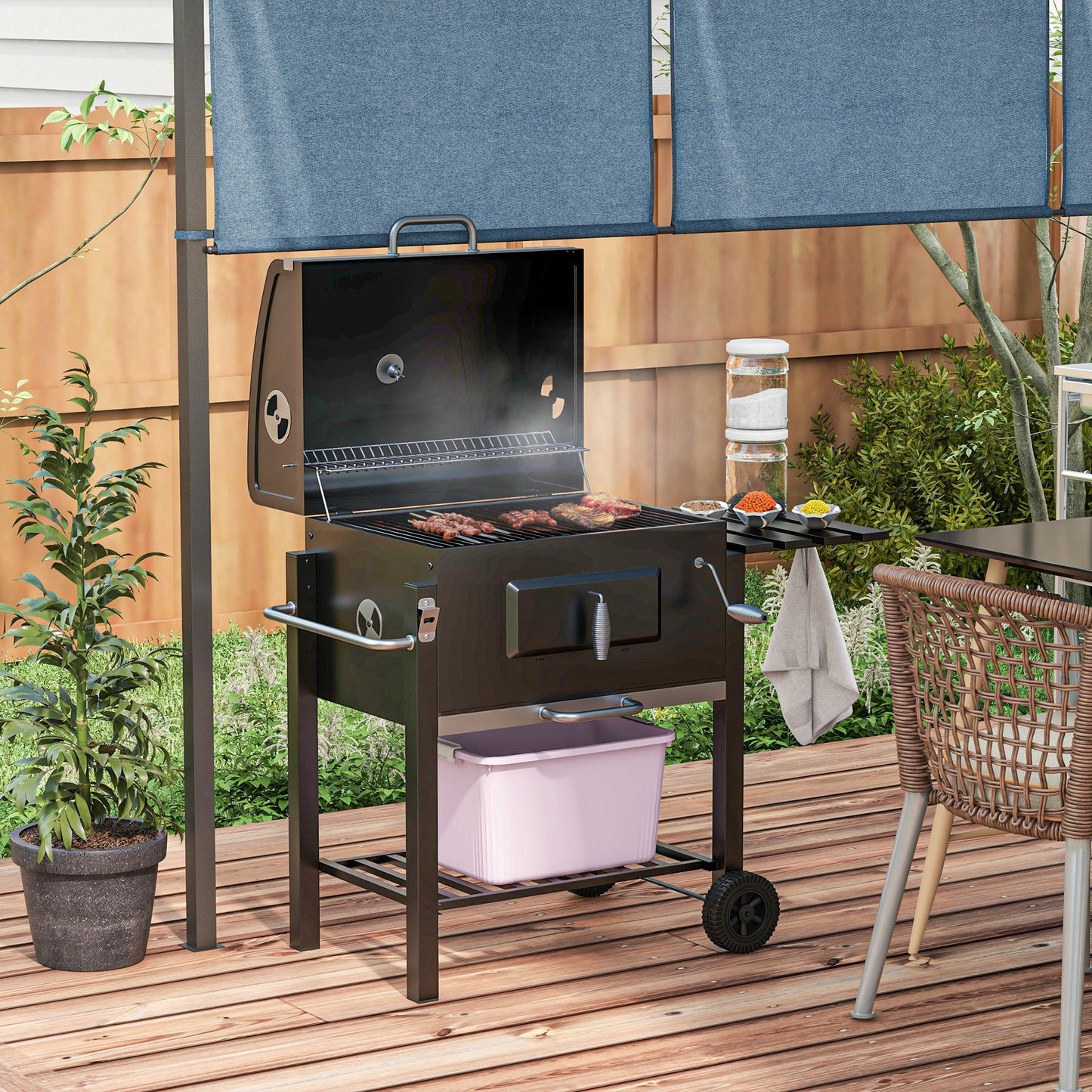 BBQ Trolley Charcoal Grill Portable Stainless Steel Barbecue Tool Kits for Camping Hiking Picnic Backyard w/ Wheels and Side Shelf