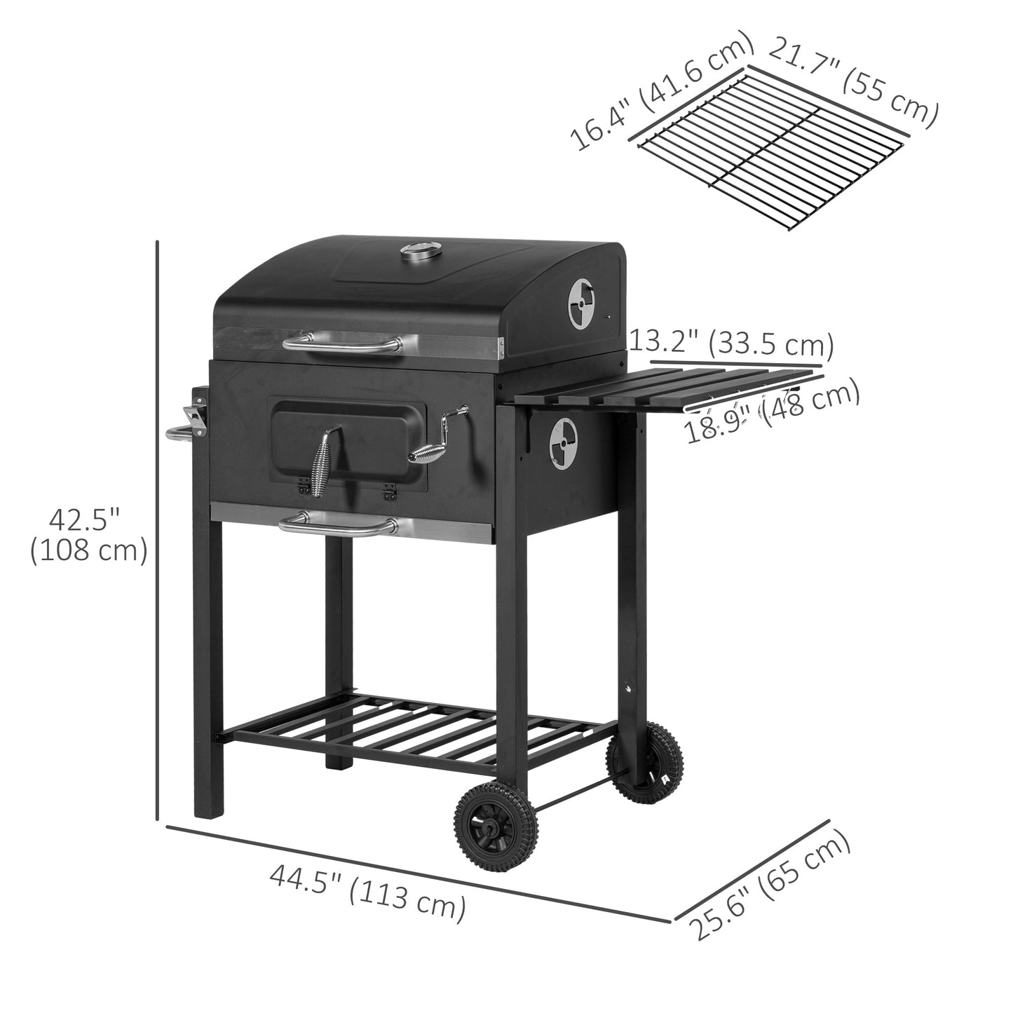 BBQ Trolley Charcoal Grill Portable Stainless Steel Barbecue Tool Kits for Camping Hiking Picnic Backyard w/ Wheels and Side Shelf