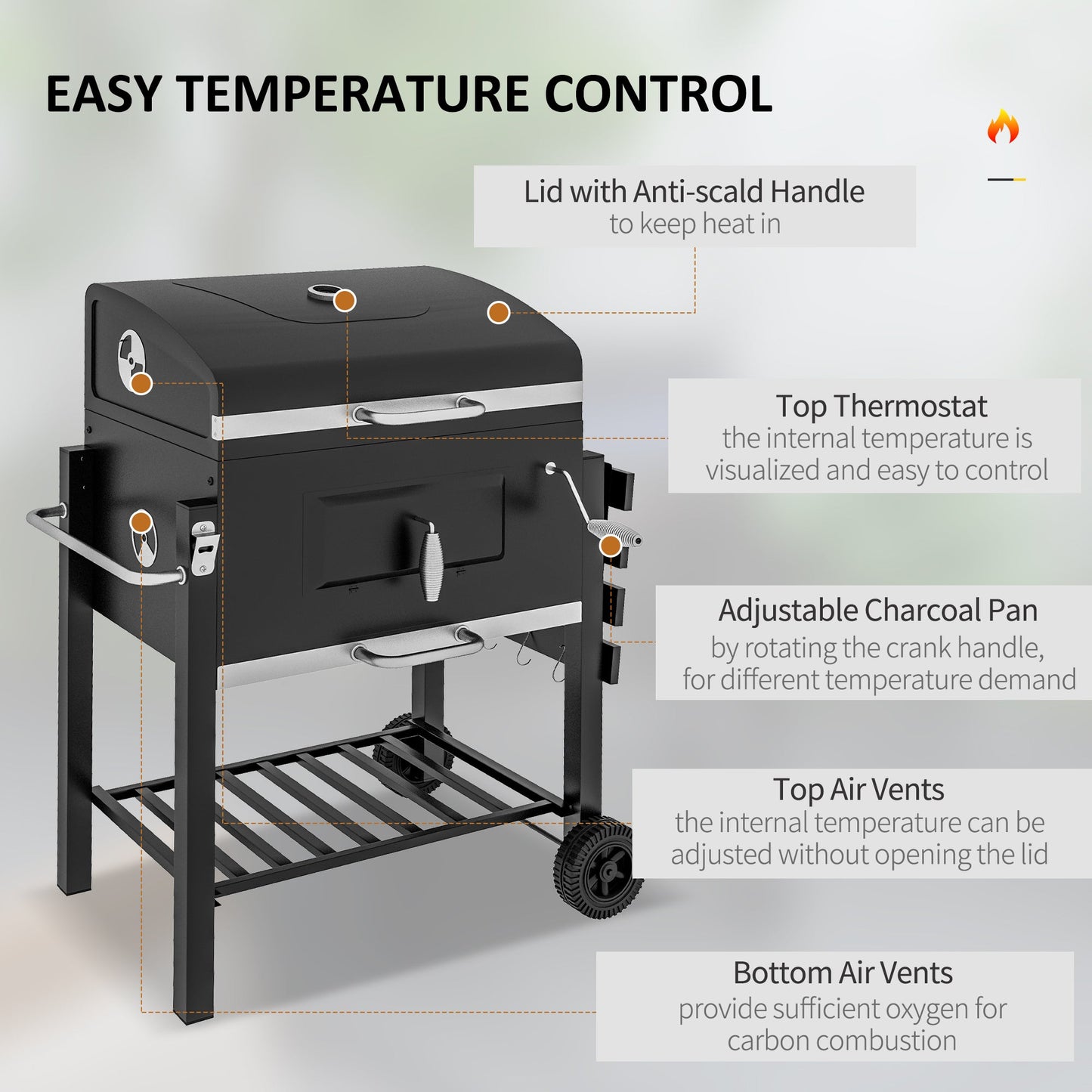 BBQ Trolley Charcoal Grill Portable Stainless Steel Barbecue Tool Kits for Camping Hiking Picnic Backyard w/ Wheels and Side Shelf