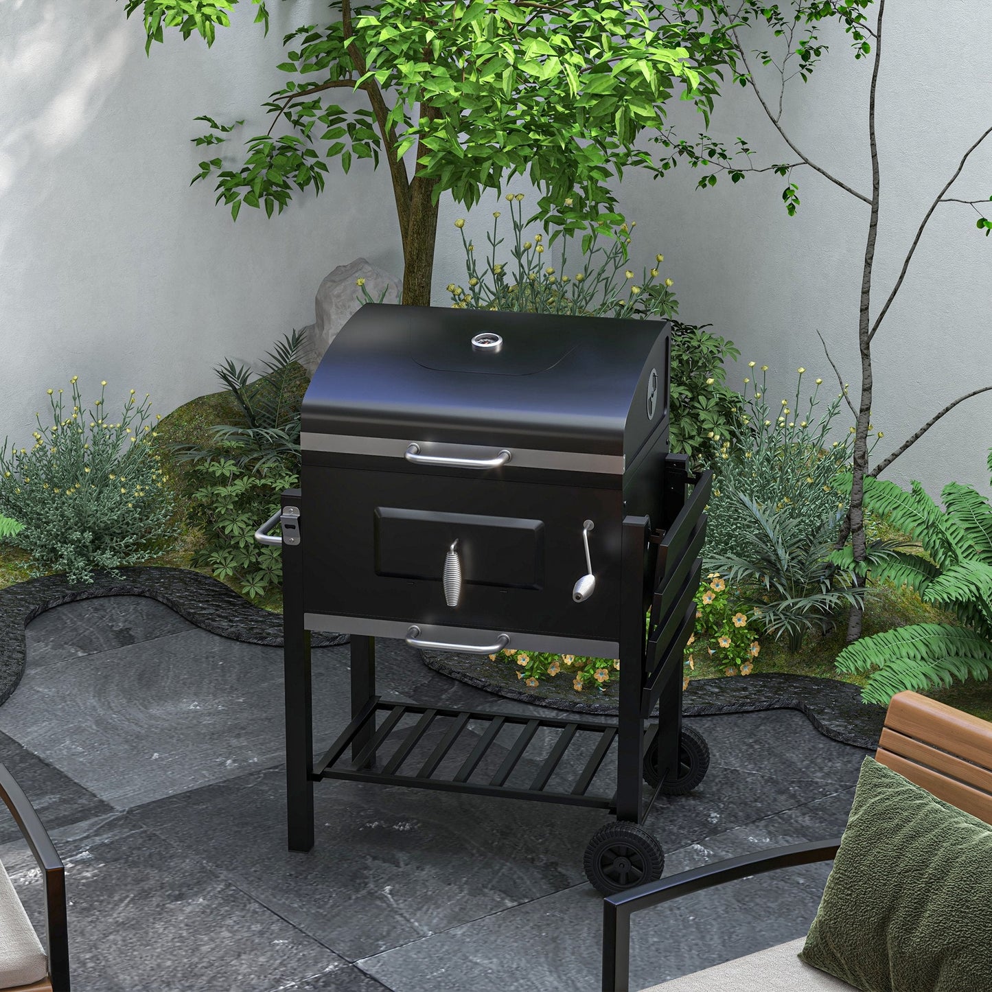 BBQ Trolley Charcoal Grill Portable Stainless Steel Barbecue Tool Kits for Camping Hiking Picnic Backyard w/ Wheels and Side Shelf