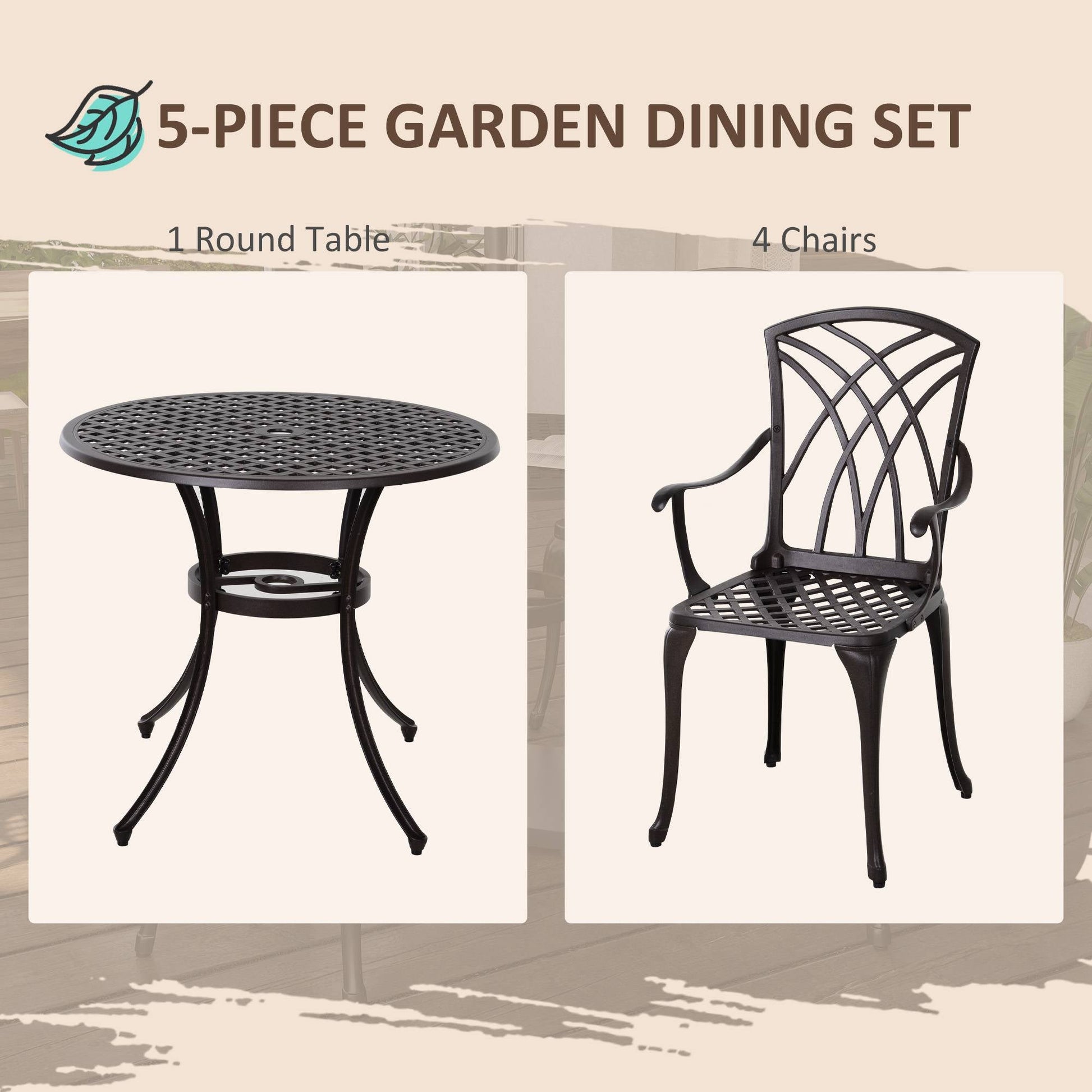 5 Pieces Outdoor Dining Set, Cast Aluminium Patio Table and Chairs with Parasol Hole for Garden Backyard Poolside, Patio Dining Set for 4, Brown