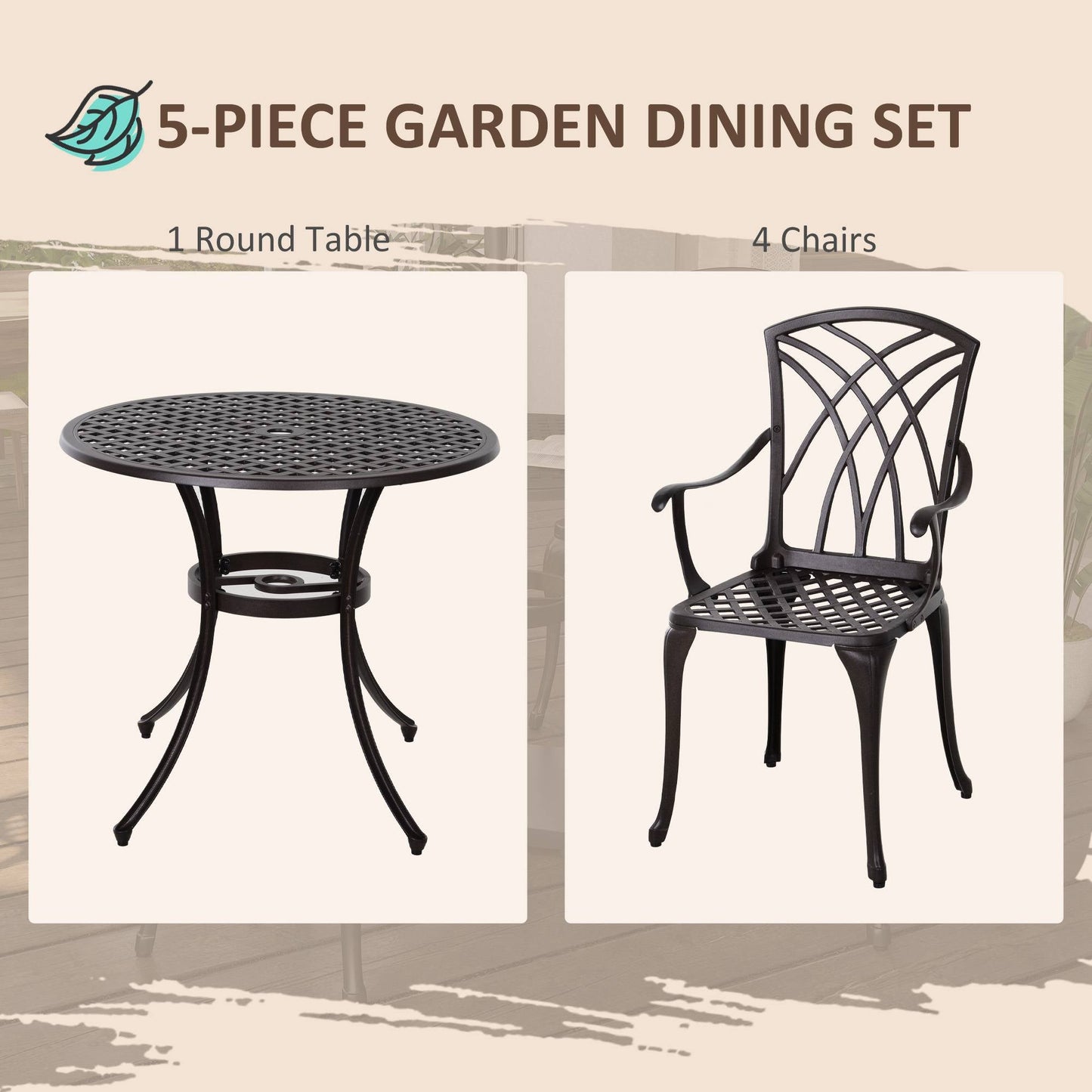 5 Pieces Outdoor Dining Set, Cast Aluminium Patio Table and Chairs with Parasol Hole for Garden Backyard Poolside, Patio Dining Set for 4, Brown