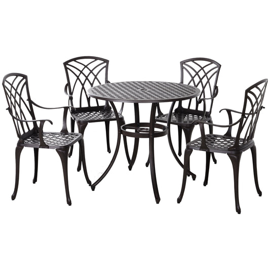 5 Pieces Outdoor Dining Set, Cast Aluminium Patio Table and Chairs with Parasol Hole for Garden Backyard Poolside, Patio Dining Set for 4, Brown