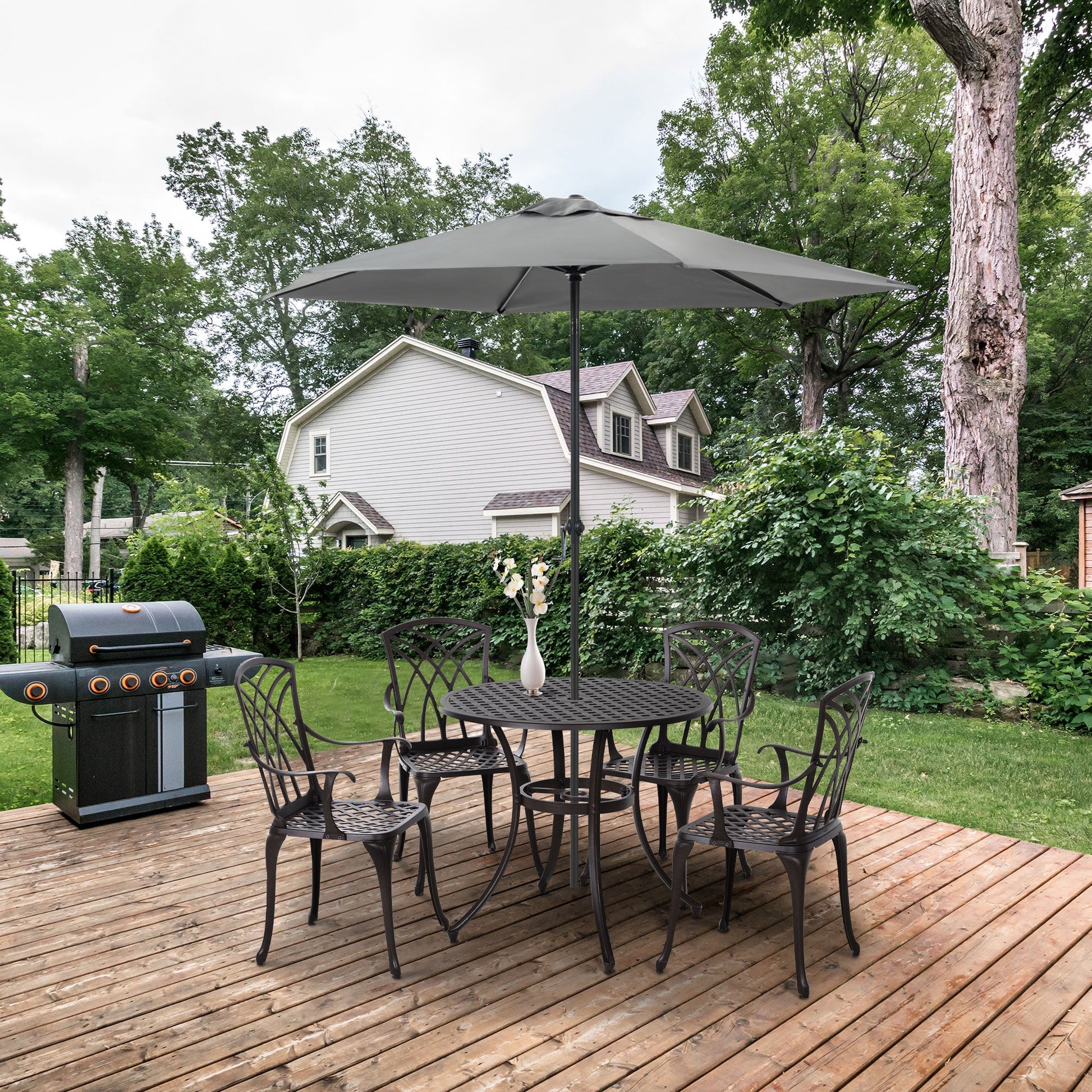 5 Pieces Outdoor Dining Set, Cast Aluminium Patio Table and Chairs with Parasol Hole for Garden Backyard Poolside, Patio Dining Set for 4, Brown