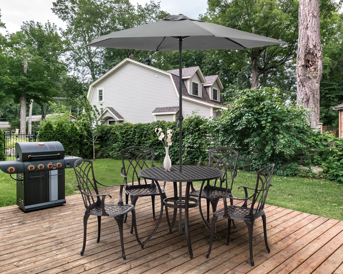 5 Pieces Outdoor Dining Set, Cast Aluminium Patio Table and Chairs with Parasol Hole for Garden Backyard Poolside, Patio Dining Set for 4, Brown