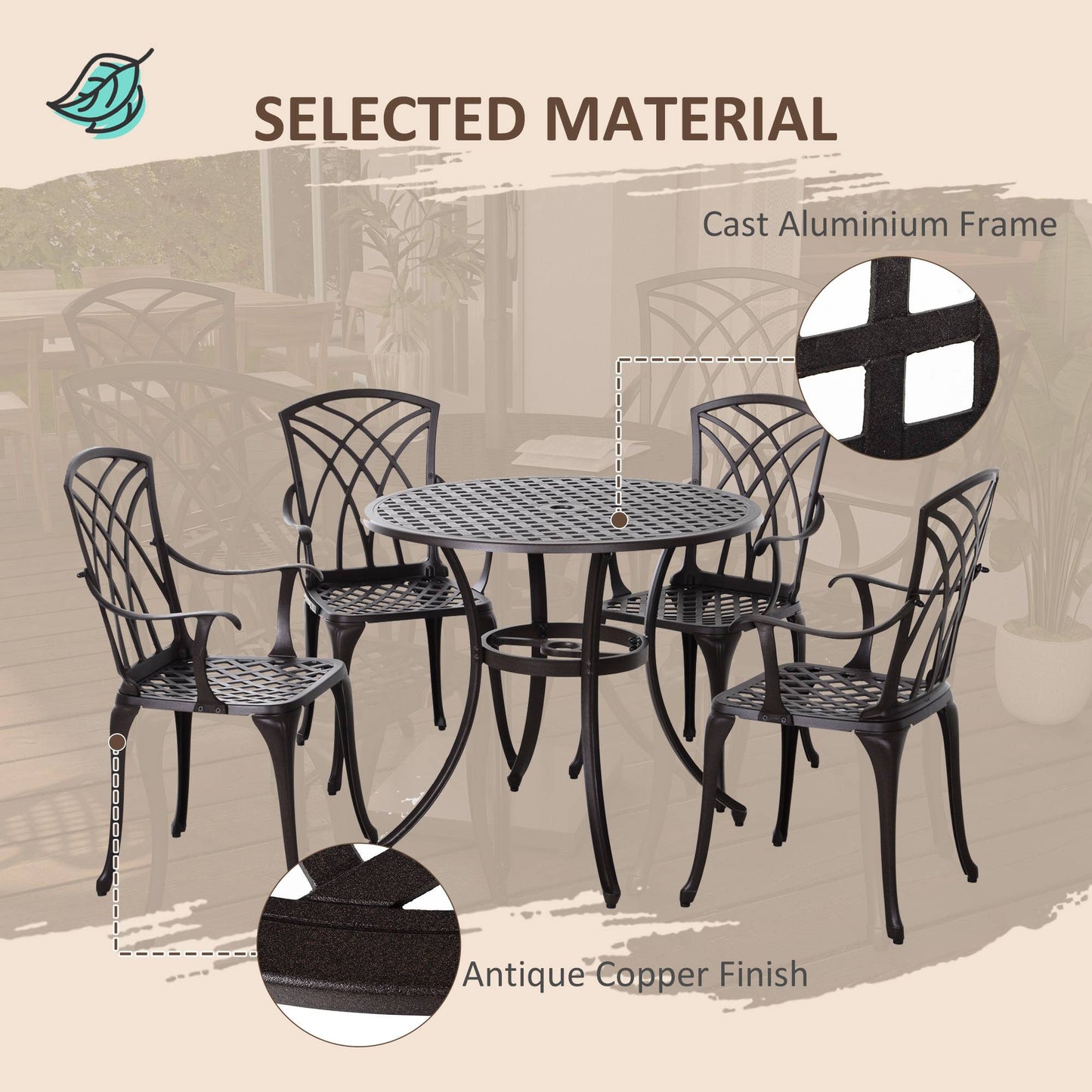 5 Pieces Outdoor Dining Set, Cast Aluminium Patio Table and Chairs with Parasol Hole for Garden Backyard Poolside, Patio Dining Set for 4, Brown