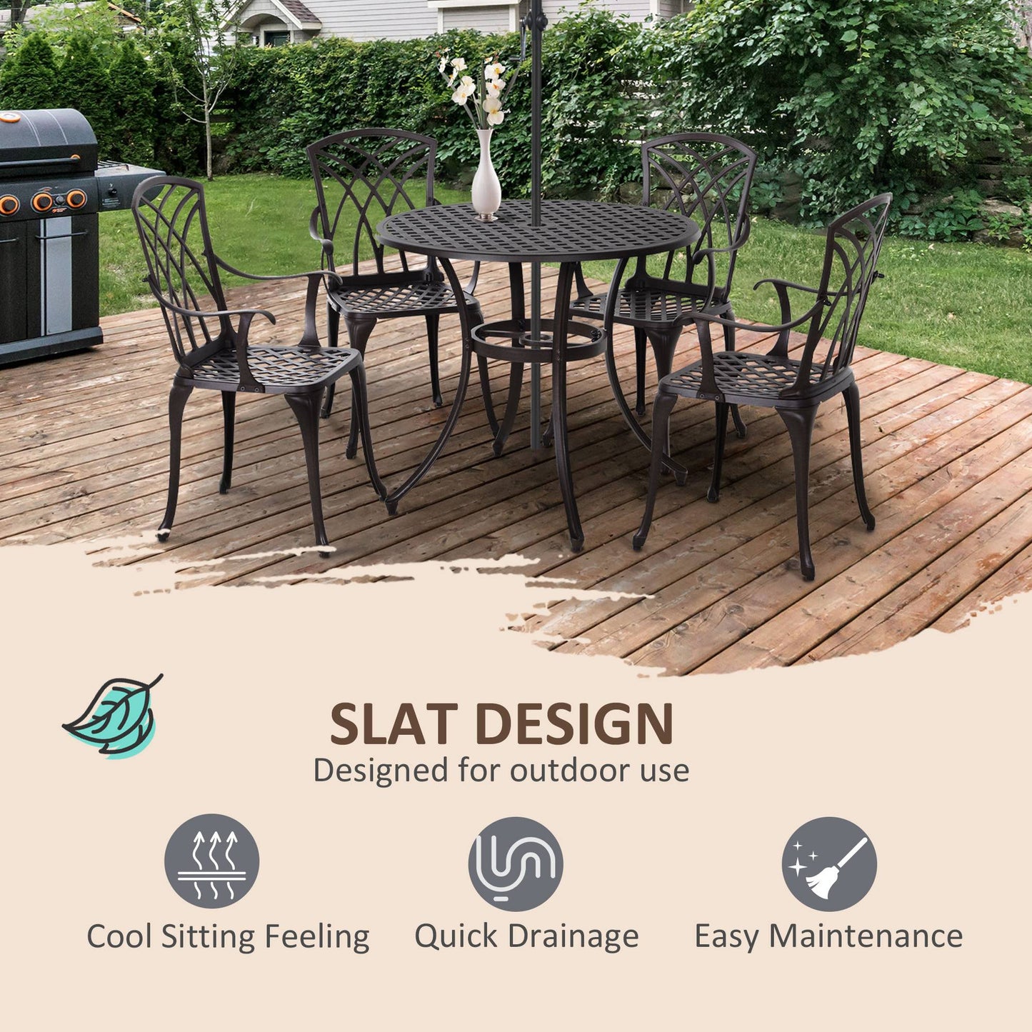 5 Pieces Outdoor Dining Set, Cast Aluminium Patio Table and Chairs with Parasol Hole for Garden Backyard Poolside, Patio Dining Set for 4, Brown