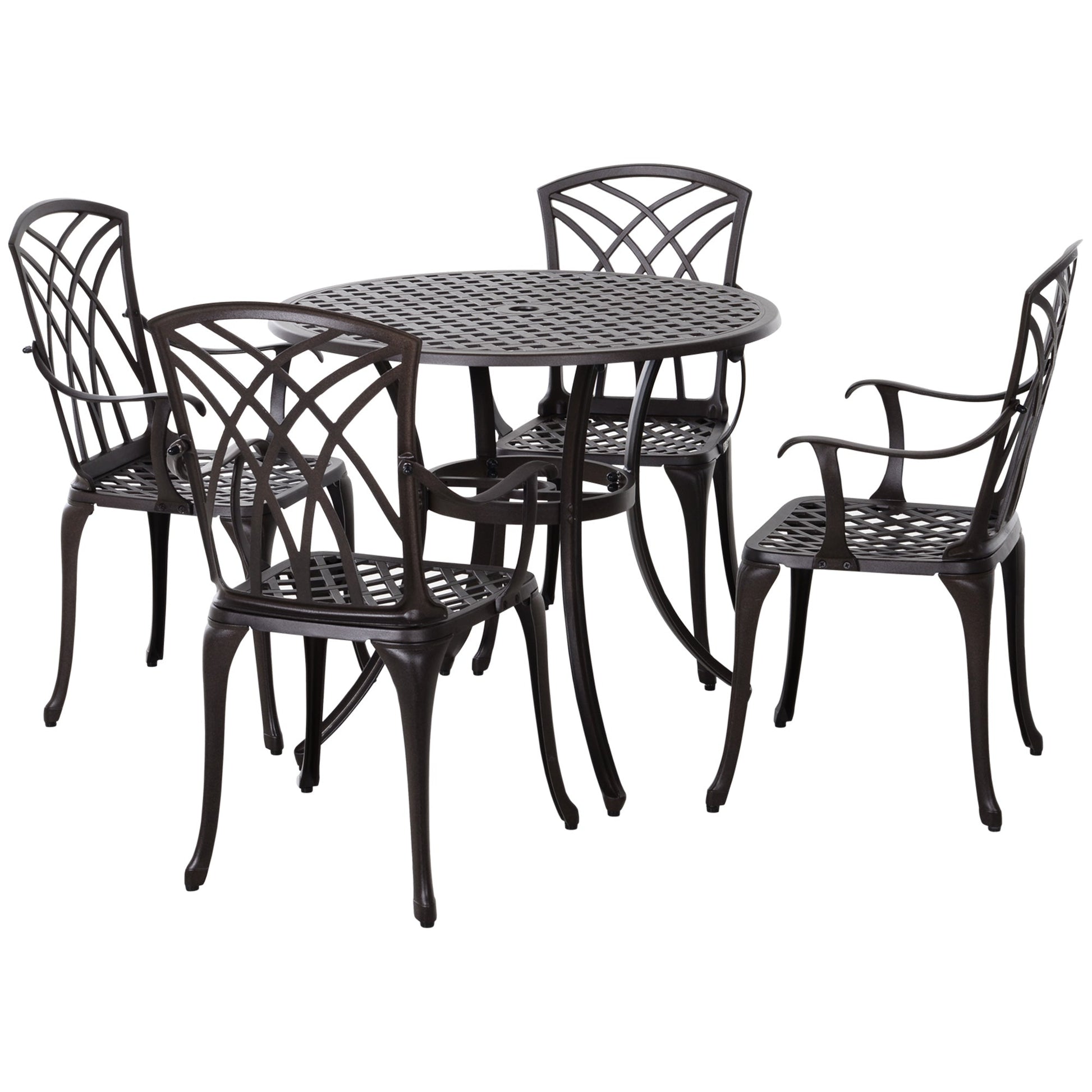 5 Pieces Outdoor Dining Set, Cast Aluminium Patio Table and Chairs with Parasol Hole for Garden Backyard Poolside, Patio Dining Set for 4, Brown