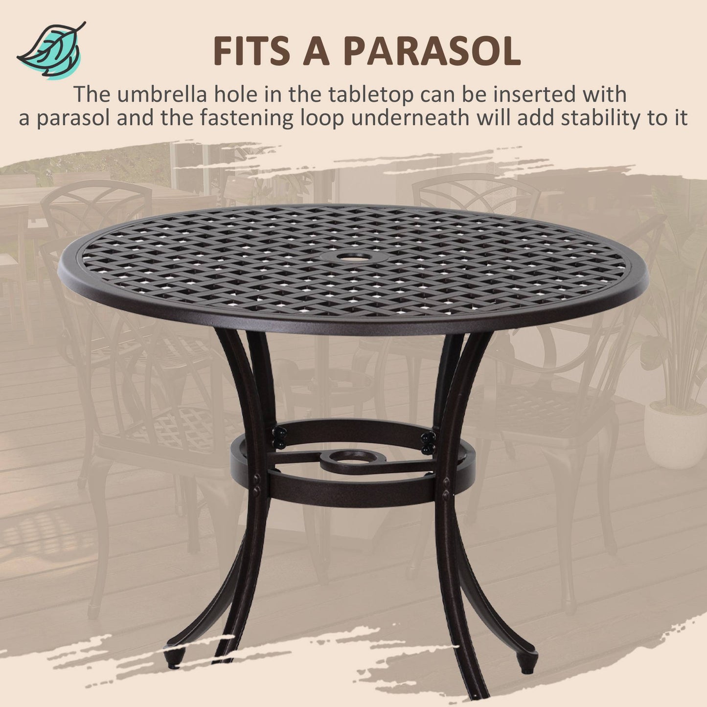 5 Pieces Outdoor Dining Set, Cast Aluminium Patio Table and Chairs with Parasol Hole for Garden Backyard Poolside, Patio Dining Set for 4, Brown