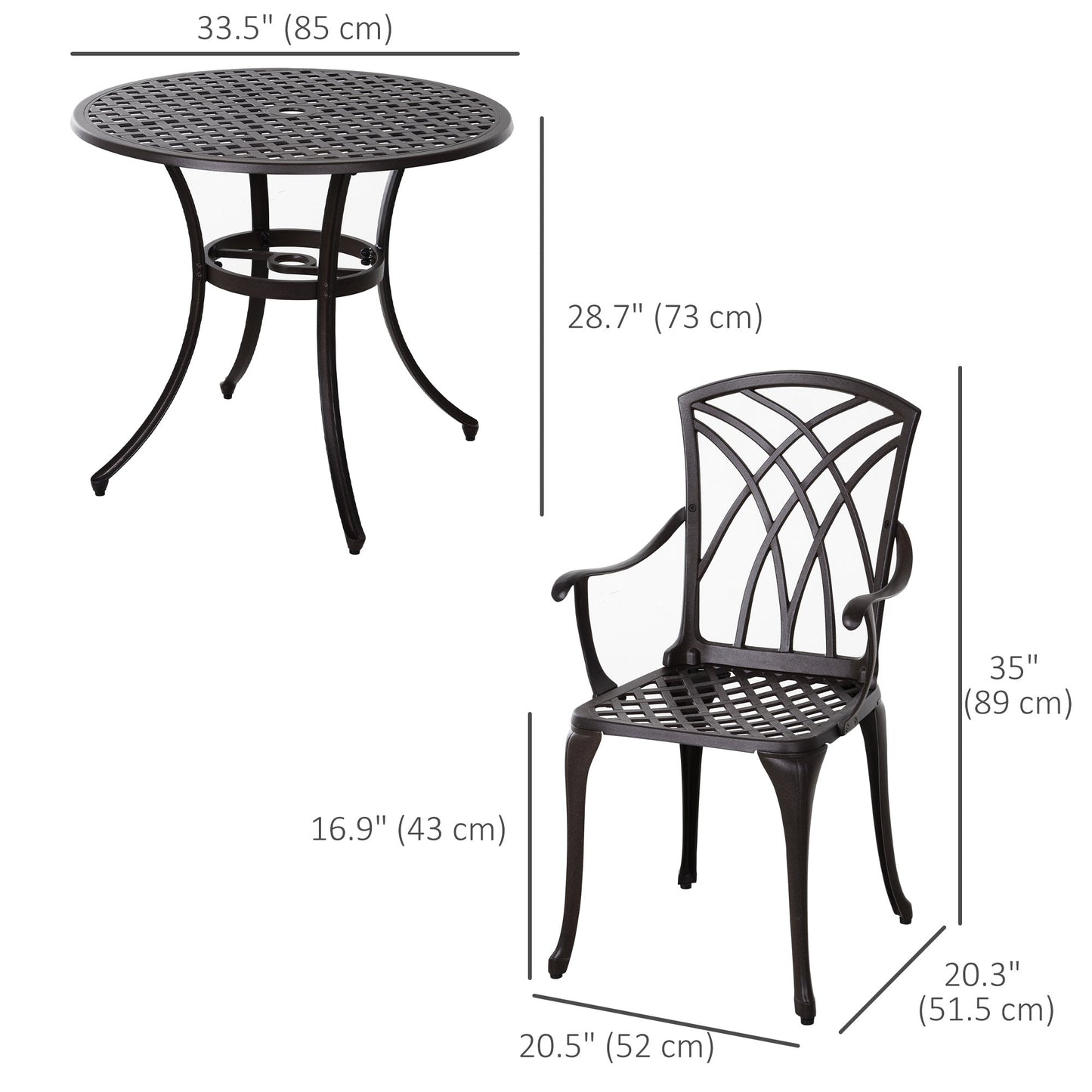 5 Pieces Outdoor Dining Set, Cast Aluminium Patio Table and Chairs with Parasol Hole for Garden Backyard Poolside, Patio Dining Set for 4, Brown