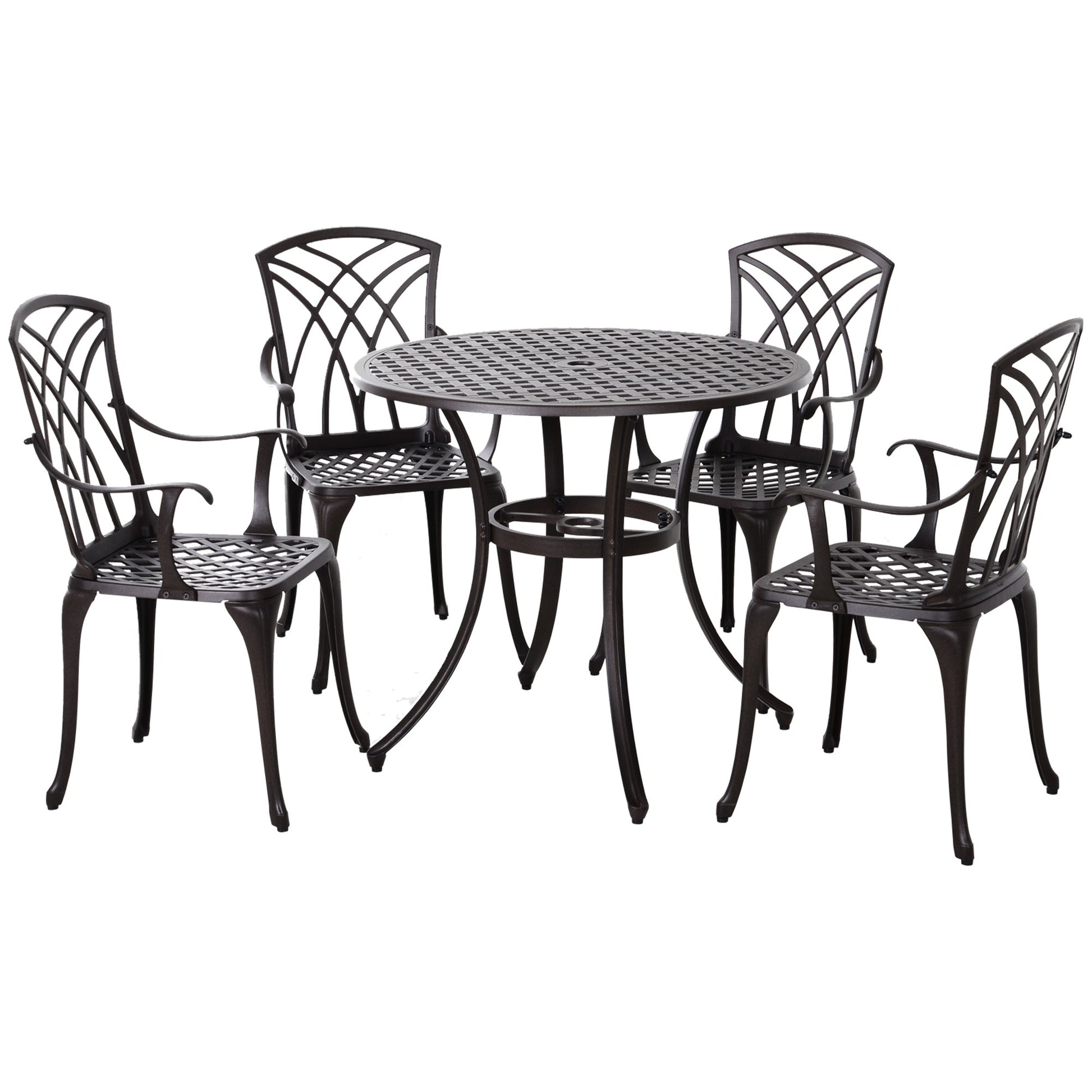 5 Pieces Outdoor Dining Set, Cast Aluminium Patio Table and Chairs with Parasol Hole for Garden Backyard Poolside, Patio Dining Set for 4, Brown