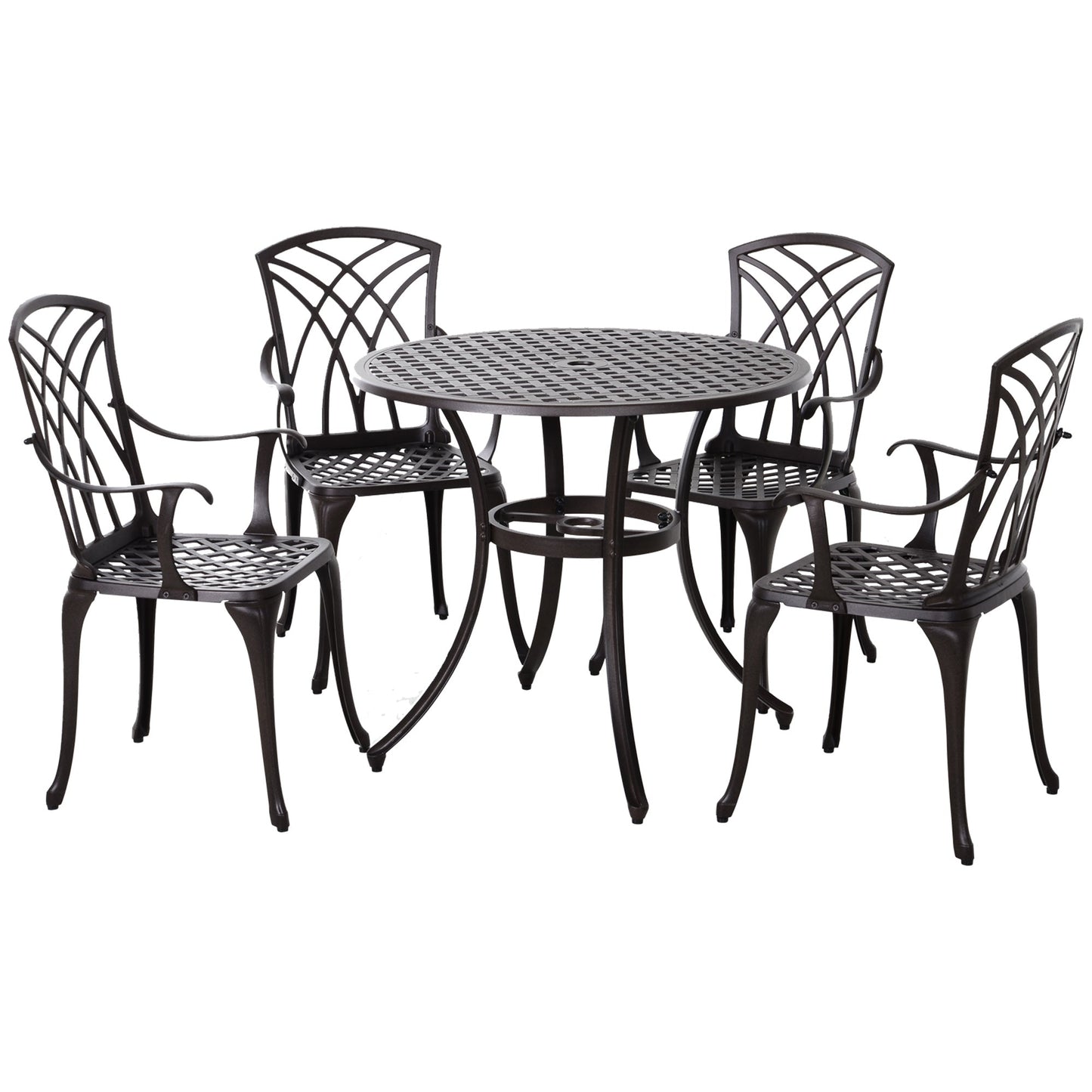 5 Pieces Outdoor Dining Set, Cast Aluminium Patio Table and Chairs with Parasol Hole for Garden Backyard Poolside, Patio Dining Set for 4, Brown