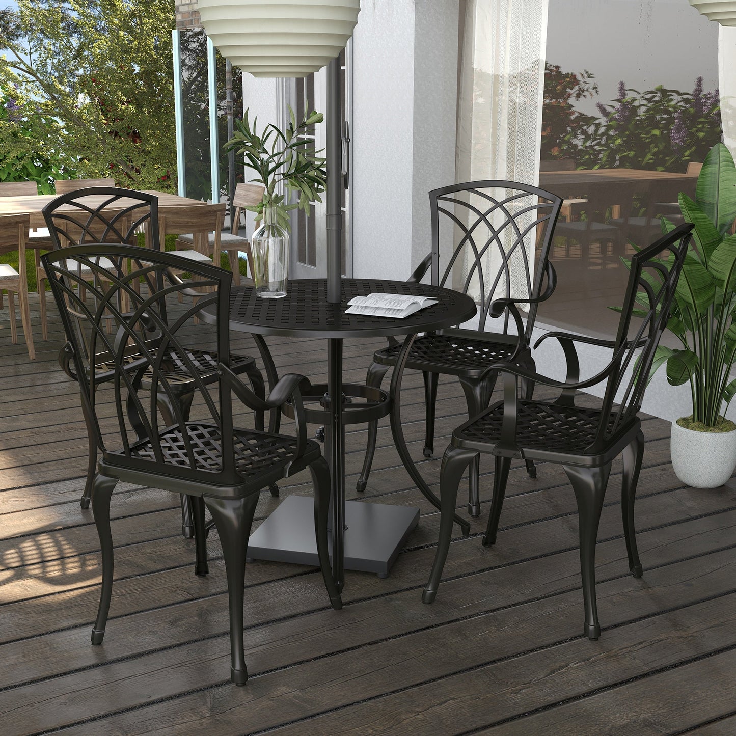 5 Pieces Outdoor Dining Set, Cast Aluminium Patio Table and Chairs with Parasol Hole for Garden Backyard Poolside, Patio Dining Set for 4, Brown