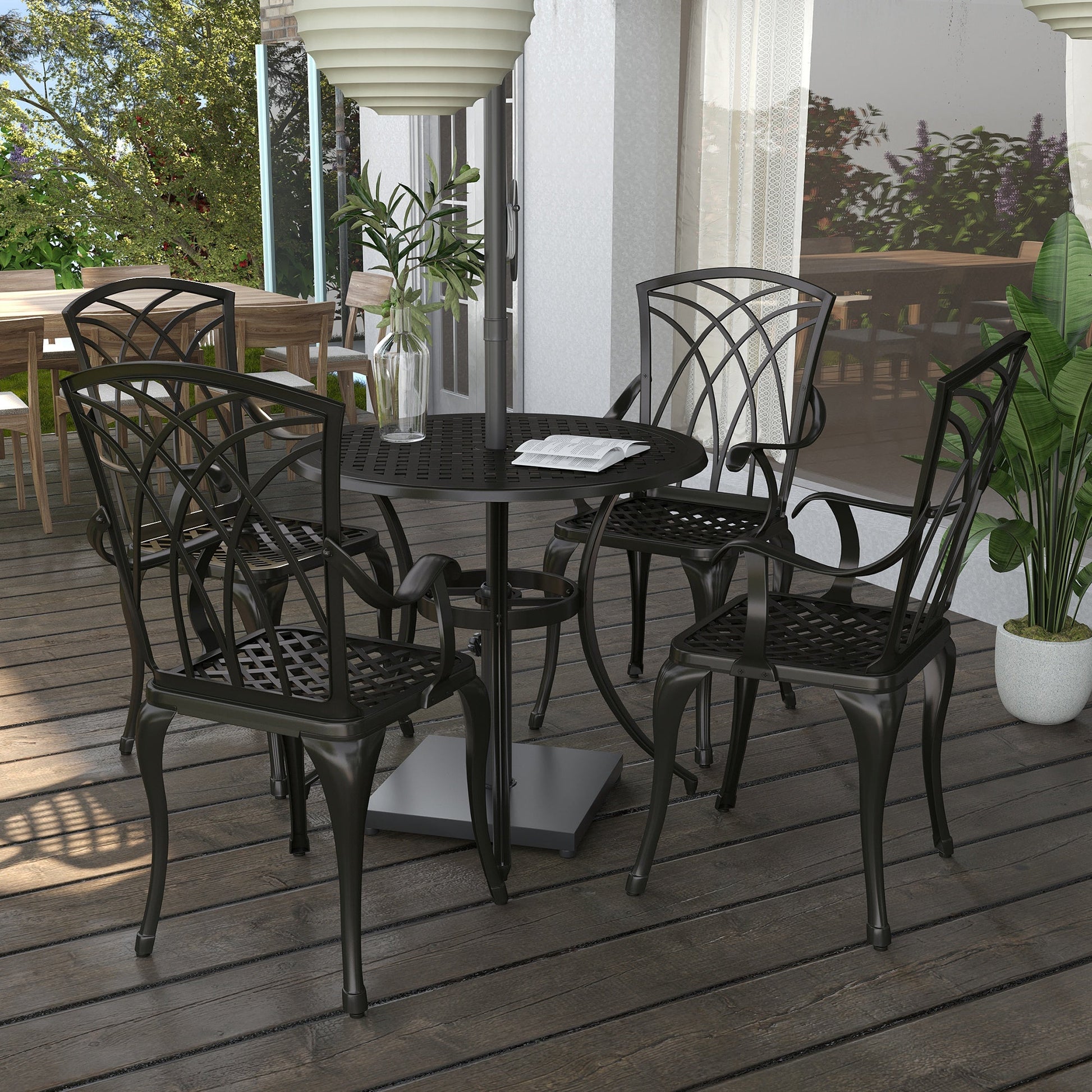 5 Pieces Outdoor Dining Set, Cast Aluminium Patio Table and Chairs with Parasol Hole for Garden Backyard Poolside, Patio Dining Set for 4, Brown