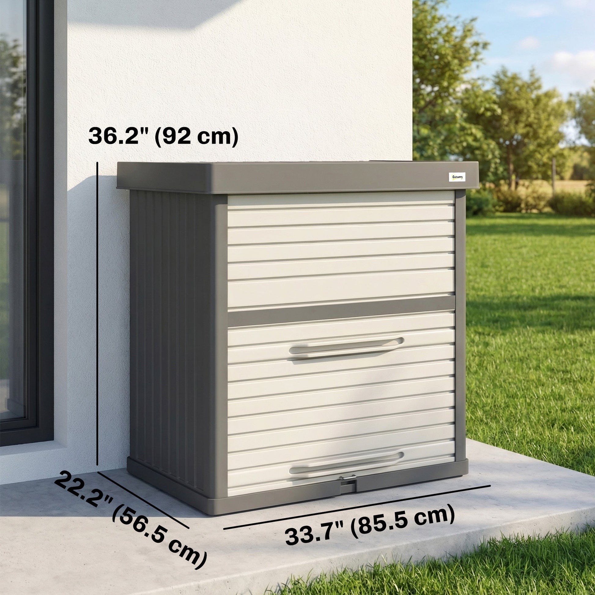 82 Gallon Outdoor Storage Box, Plastic Deck Box with Roll up Door and Removable Shelf, Splash-Resistant & UV Resistant Garden Storage Container for Patio, Porch, Grey