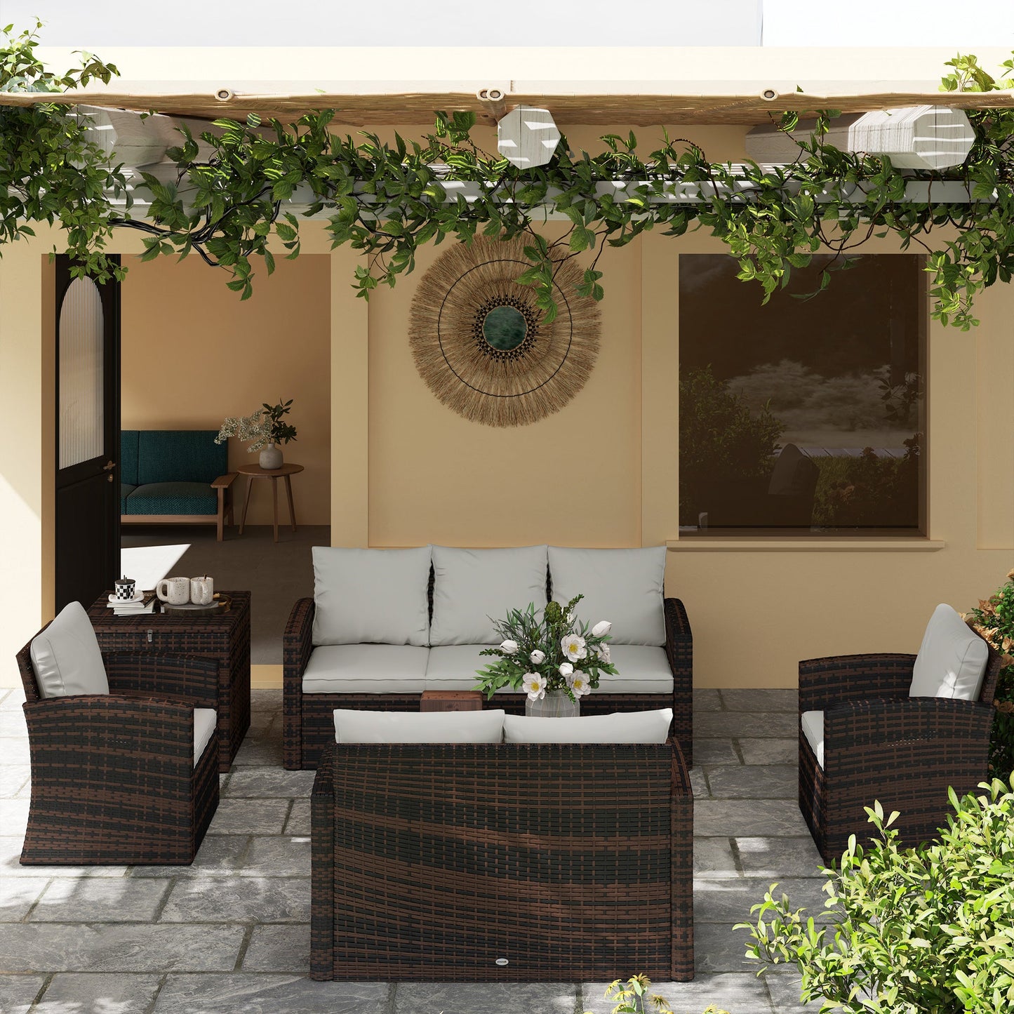6 Pieces Wicker Patio Furniture Set with Cushions, 7-Seater Rattan Patio Sofa Set with Storage Coffee Table & Side Table, Sectional Outdoor Furniture Set, Cream White