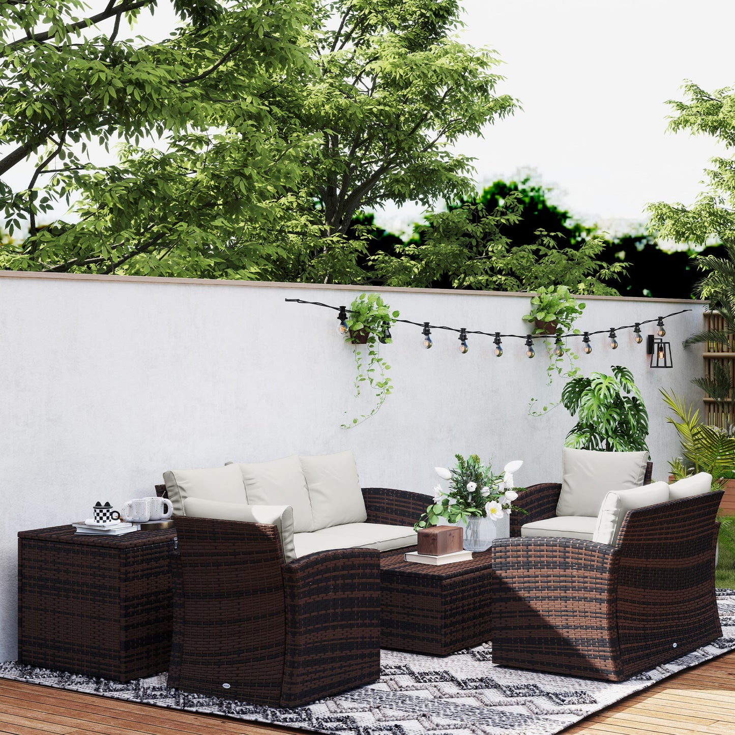 6 Pieces Wicker Patio Furniture Set with Cushions, 7-Seater Rattan Patio Sofa Set with Storage Coffee Table & Side Table, Sectional Outdoor Furniture Set, Cream White