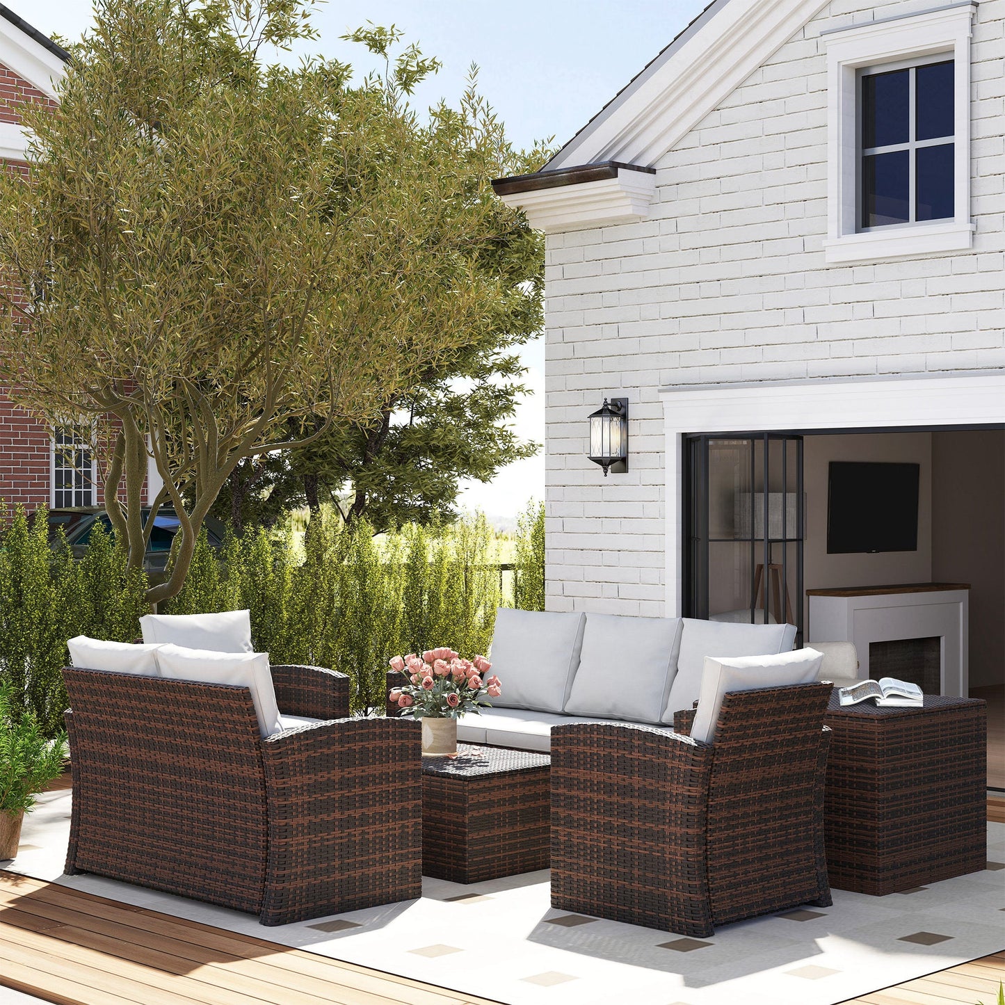 6 Pieces Wicker Patio Furniture Set with Cushions, 7-Seater Rattan Patio Sofa Set with Storage Coffee Table & Side Table, Sectional Outdoor Furniture Set, Cream White