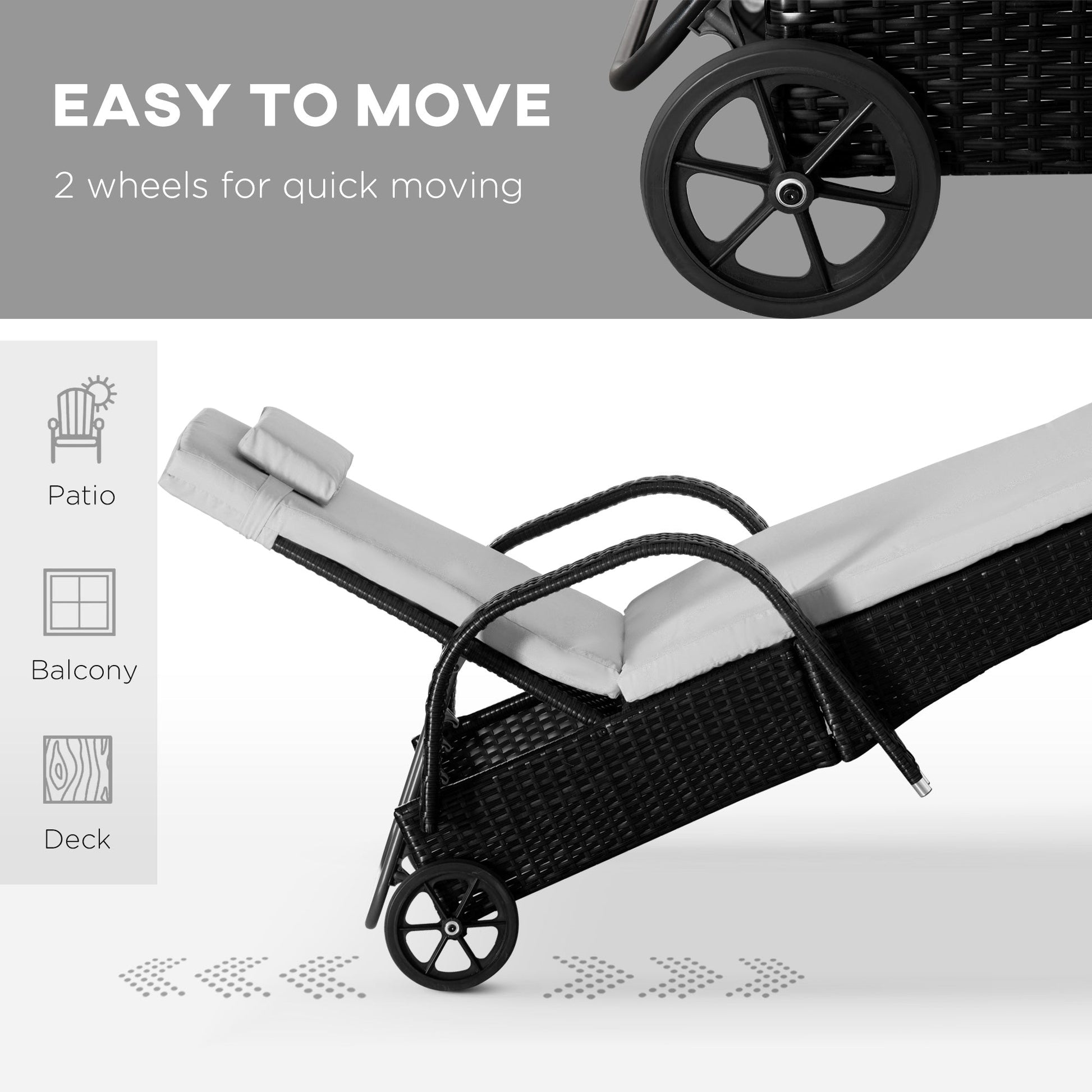 3 Pieces Wicker Patio Lounger Set with Table, PE Rattan Outdoor Lounge Chair Set with Cushions, Wheels, 5-Level Reclining Backrest, Headrest, Black/Cream