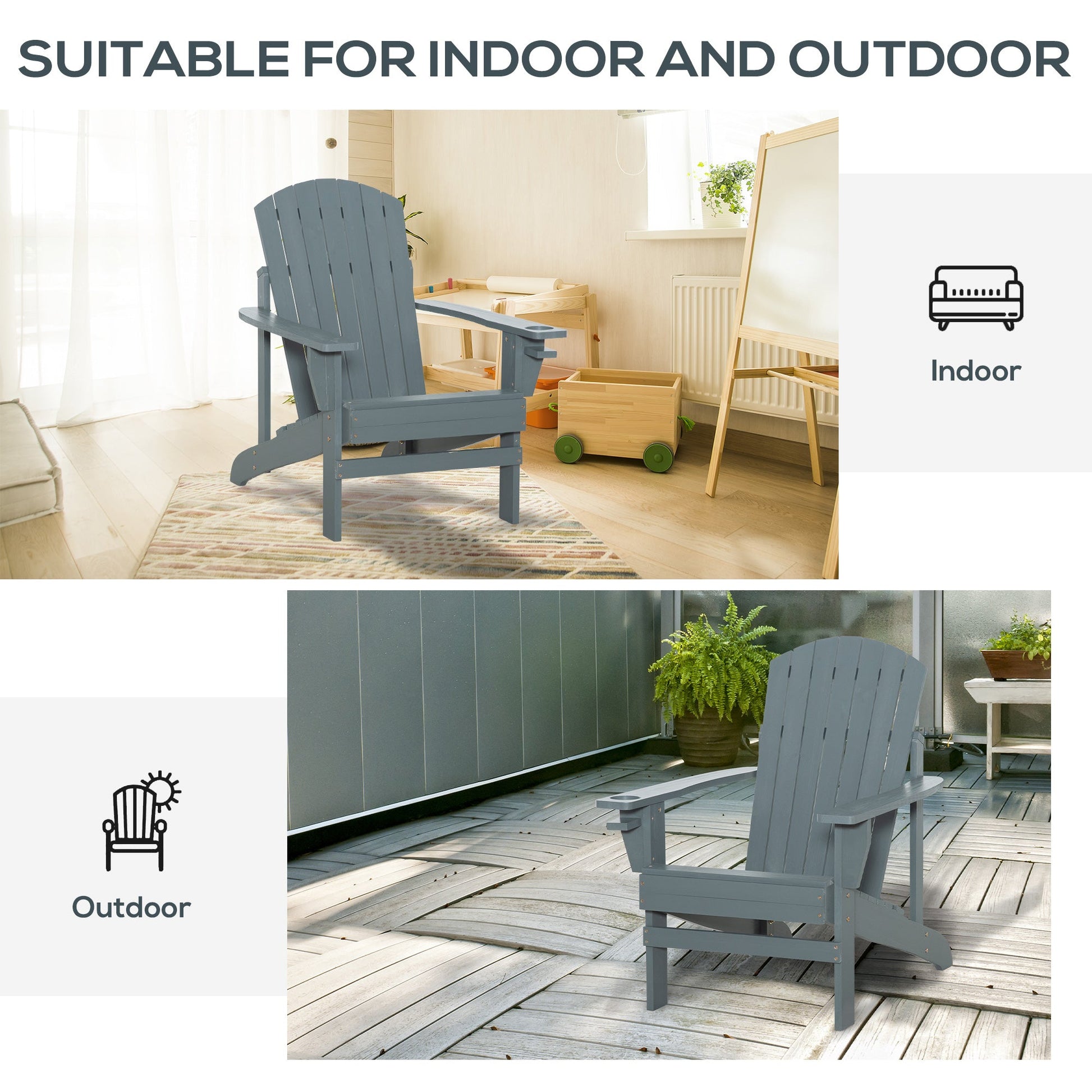 Classic Adirondack Chair Muskoka Chair, Garden Deck Chair with Cup Holder for Patio, Indoor, Backyard, Dark Grey
