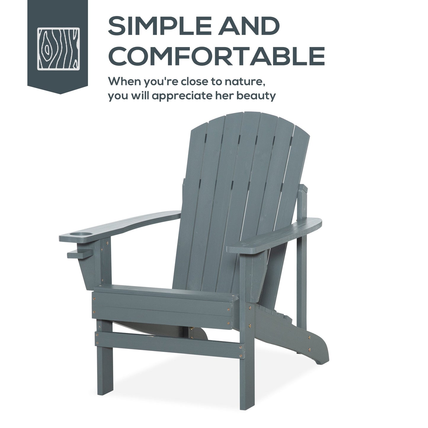 Classic Adirondack Chair Muskoka Chair, Garden Deck Chair with Cup Holder for Patio, Indoor, Backyard, Dark Grey