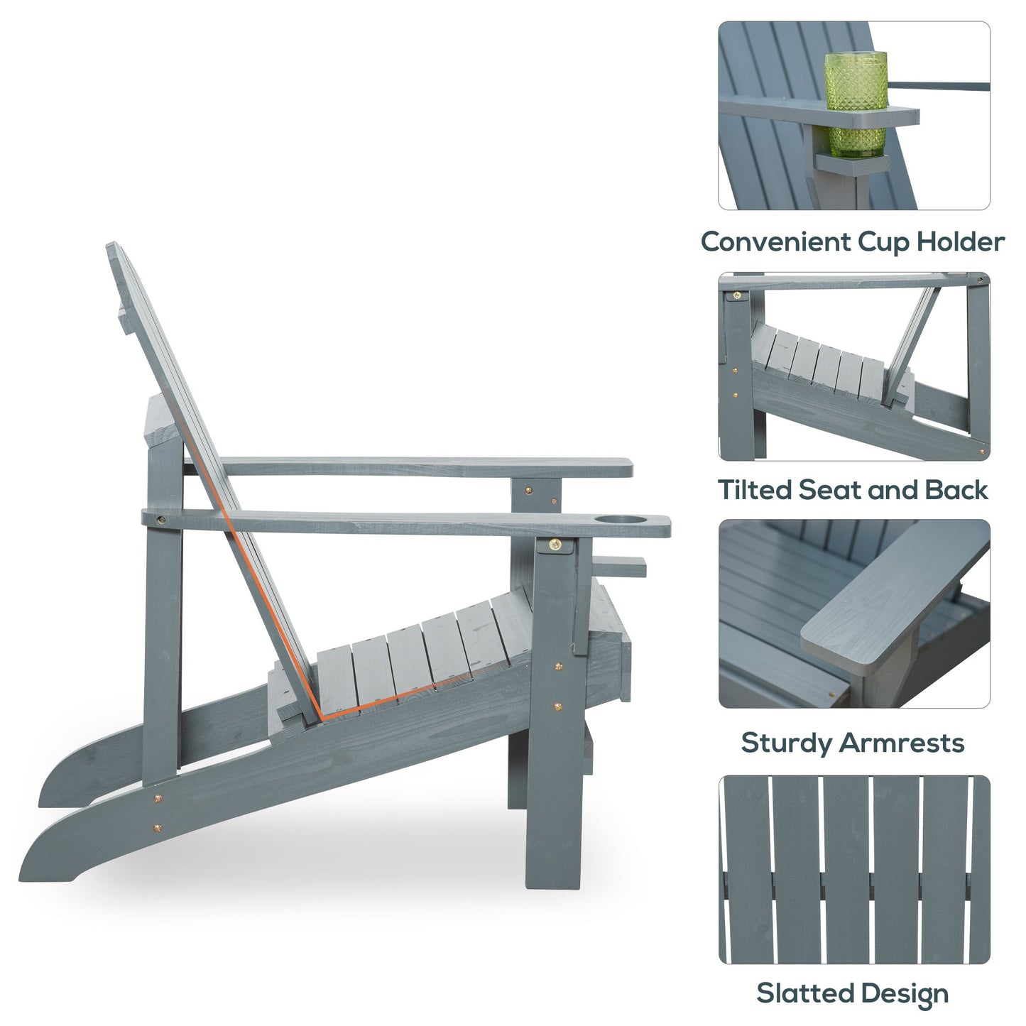 Classic Adirondack Chair Muskoka Chair, Garden Deck Chair with Cup Holder for Patio, Indoor, Backyard, Dark Grey