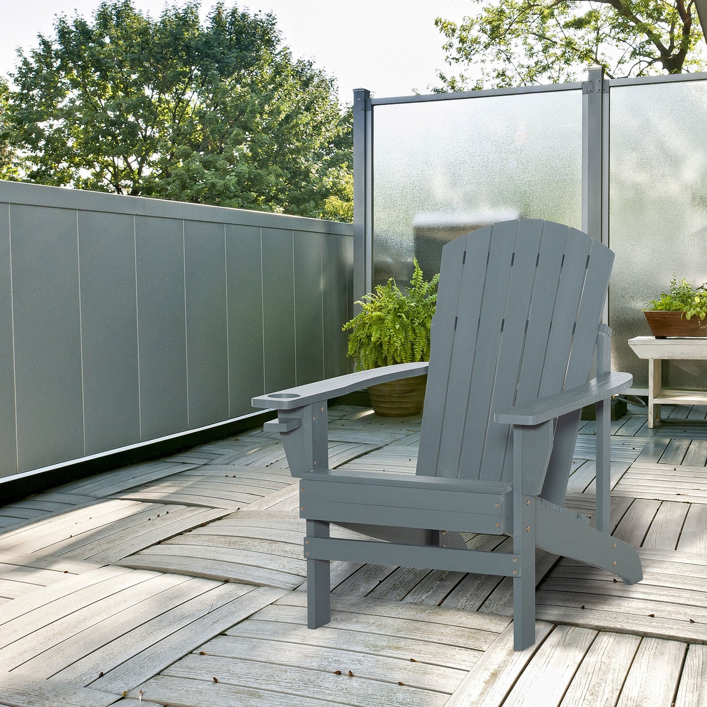 Classic Adirondack Chair Muskoka Chair, Garden Deck Chair with Cup Holder for Patio, Indoor, Backyard, Dark Grey