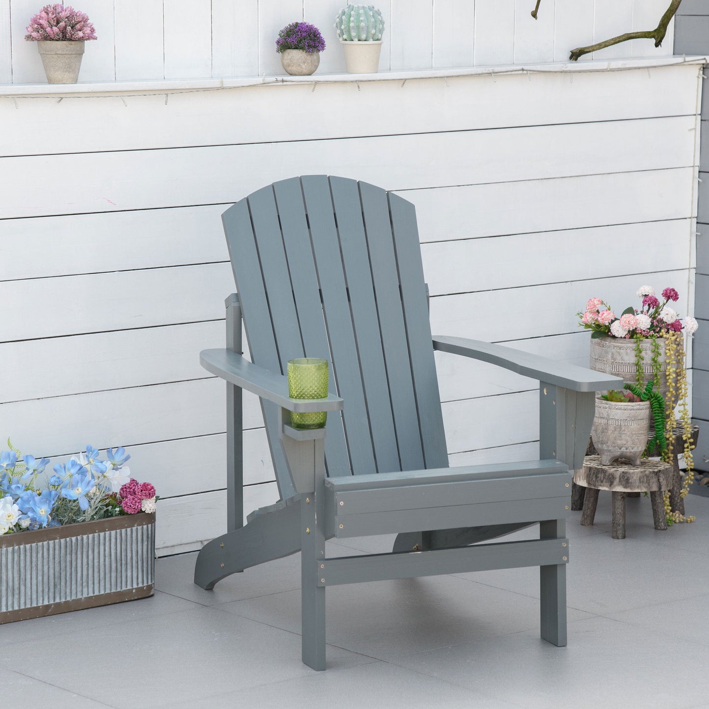 Classic Adirondack Chair Muskoka Chair, Garden Deck Chair with Cup Holder for Patio, Indoor, Backyard, Dark Grey