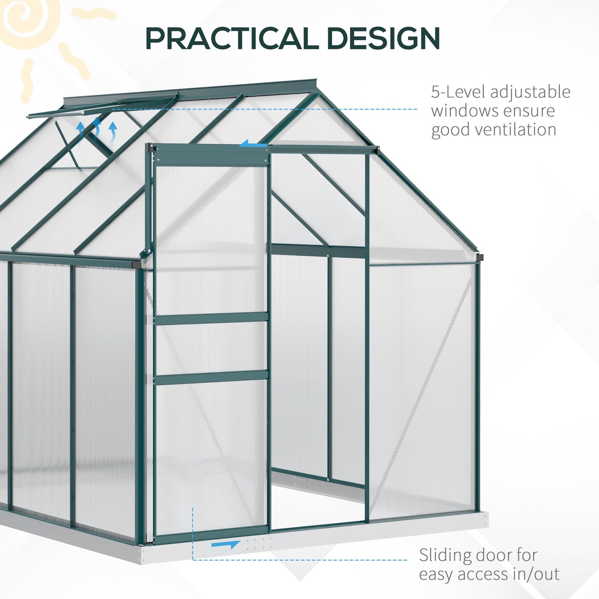 6' x 8' x 6.5' Polycarbonate Greenhouse, Walk-in Green House with Adjustable Roof Vent Galvanized Base Sliding Door Rain Gutter for Outdoor Garden Backyard, Green
