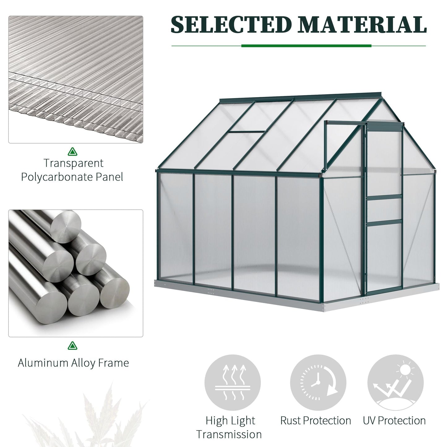 6' x 8' x 6.5' Polycarbonate Greenhouse, Walk-in Green House with Adjustable Roof Vent Galvanized Base Sliding Door Rain Gutter for Outdoor Garden Backyard, Green
