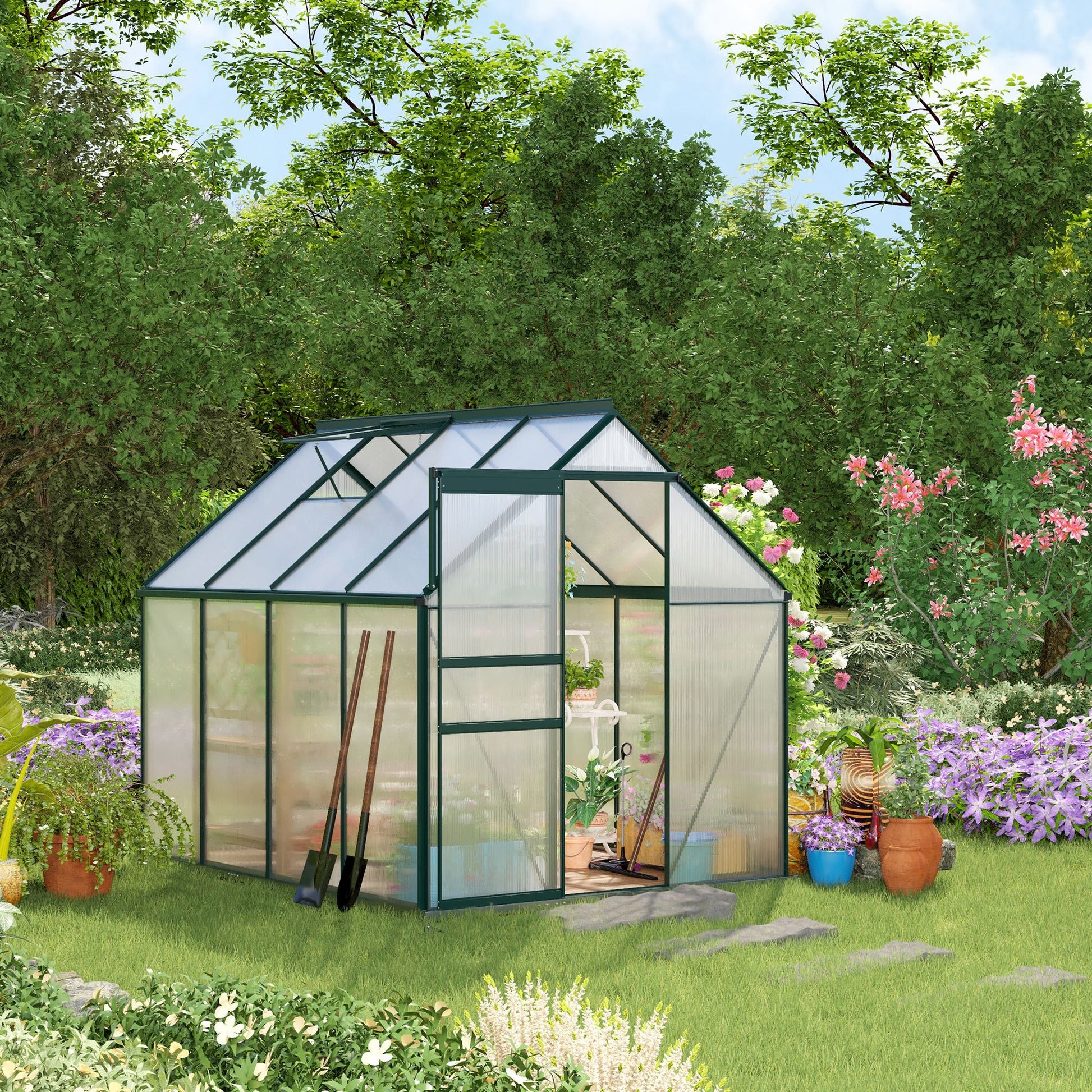 6' x 8' x 6.5' Polycarbonate Greenhouse, Walk-in Green House with Adjustable Roof Vent Galvanized Base Sliding Door Rain Gutter for Outdoor Garden Backyard, Green
