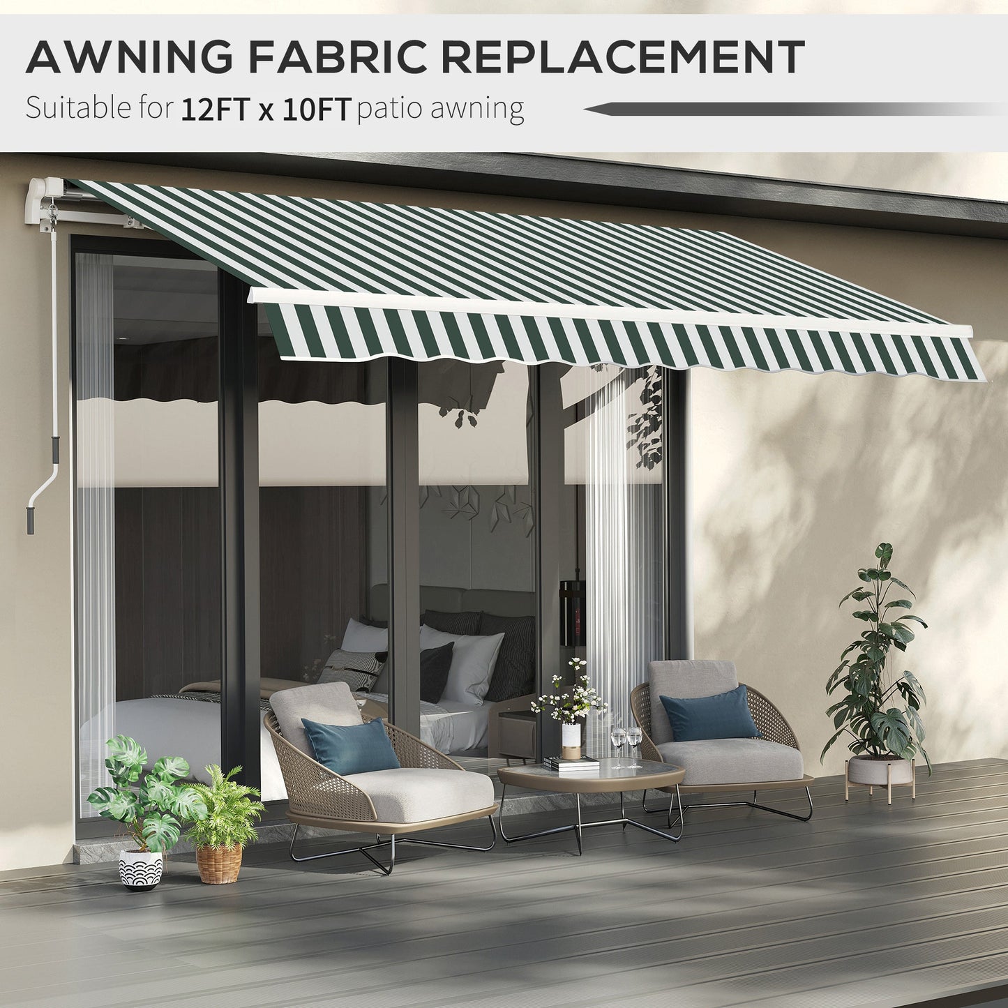11' x 10' Retractable Awning Fabric Replacement Outdoor Sunshade Canopy Awning Cover, UV Protection, Green and White