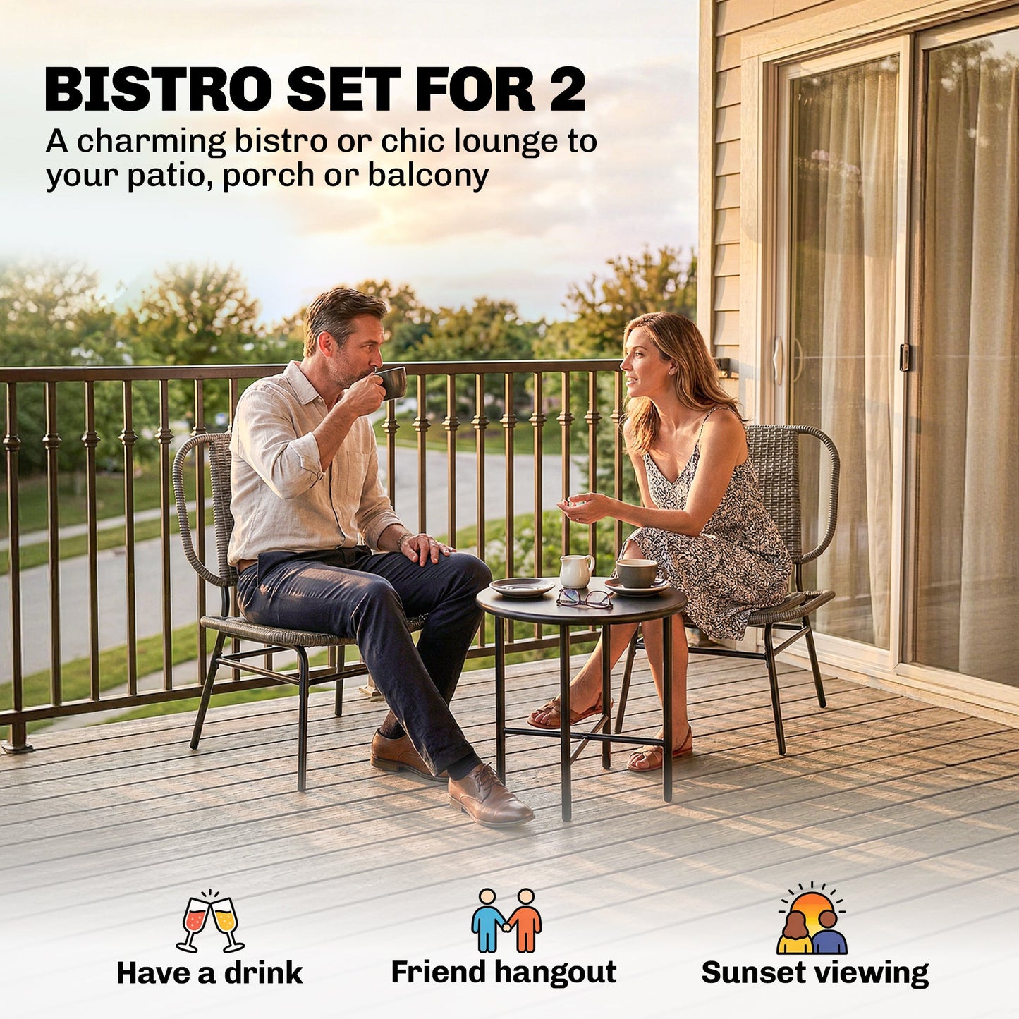 3 Piece Wicker Patio Furniture Set, Outdoor Bistro Set with 2 Armless Chairs, Steel Table, Rattan Outdoor Conversation Furniture for Porch Balcony, Grey