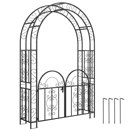 7.4ft Steel Garden Arch with Gate, Garden Arbor Trellis for Climbing Plants, Roses, Vines, Wedding Arch for Outdoor, Garden, Lawn, Backyard, Black