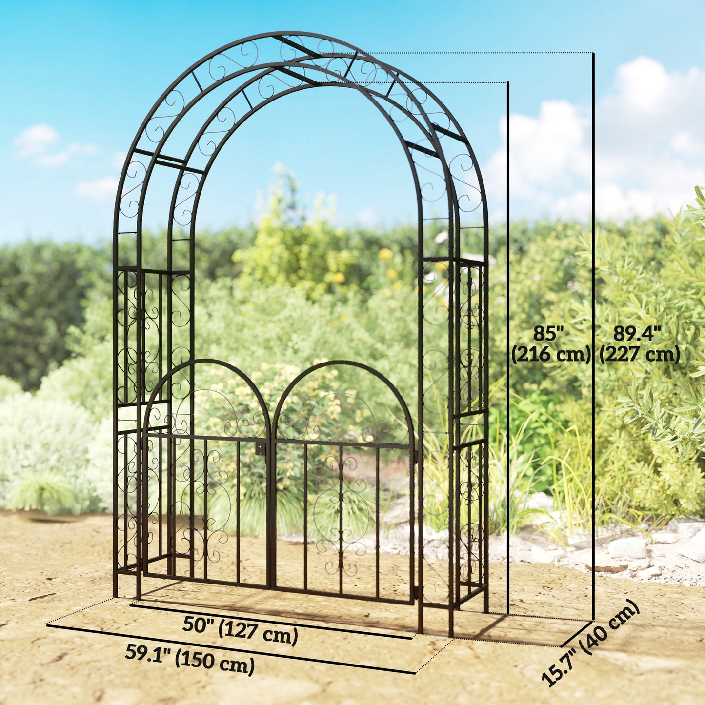7.4ft Steel Garden Arch with Gate, Garden Arbor Trellis for Climbing Plants, Roses, Vines, Wedding Arch for Outdoor, Garden, Lawn, Backyard, Black