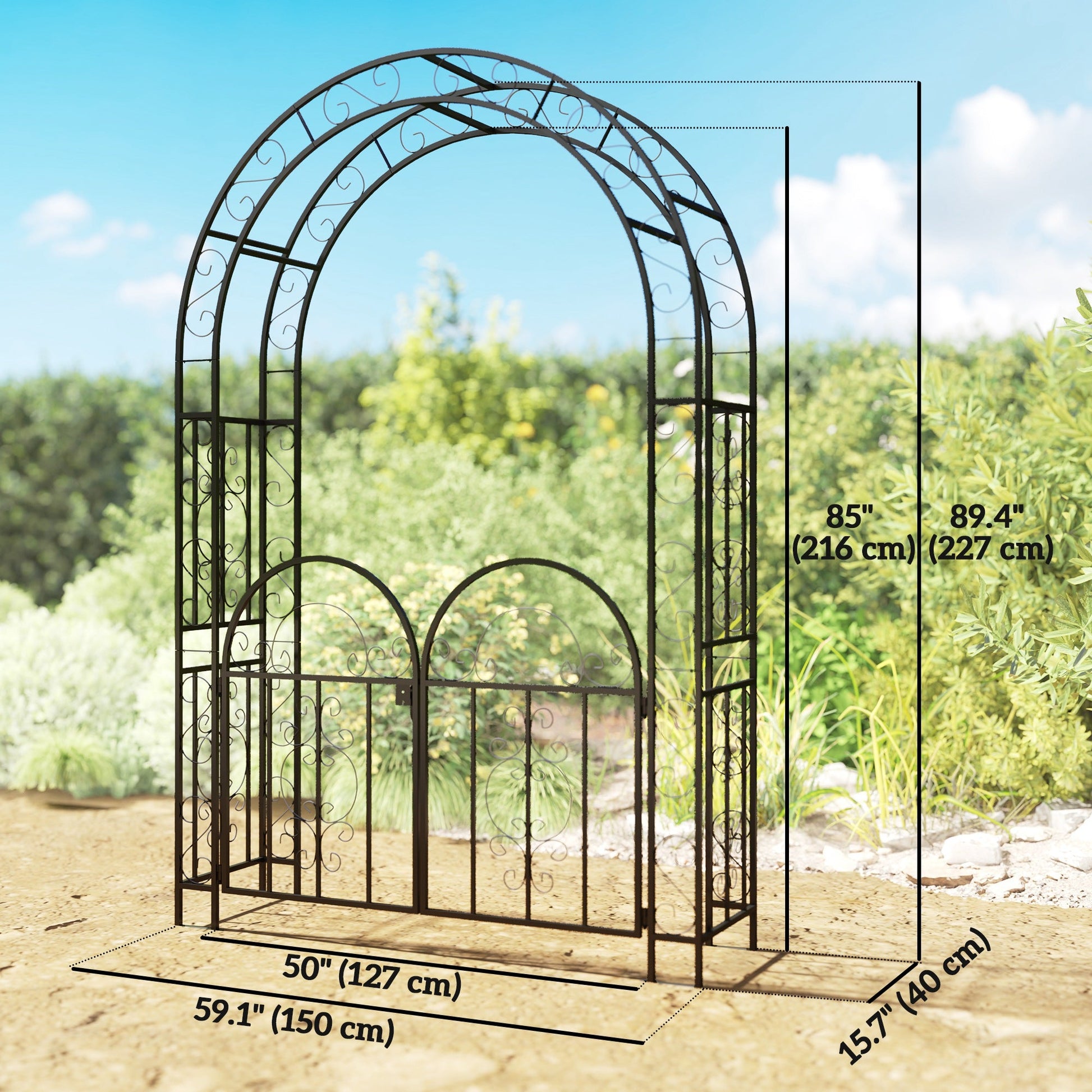 7.4ft Steel Garden Arch with Gate, Garden Arbor Trellis for Climbing Plants, Roses, Vines, Wedding Arch for Outdoor, Garden, Lawn, Backyard, Black