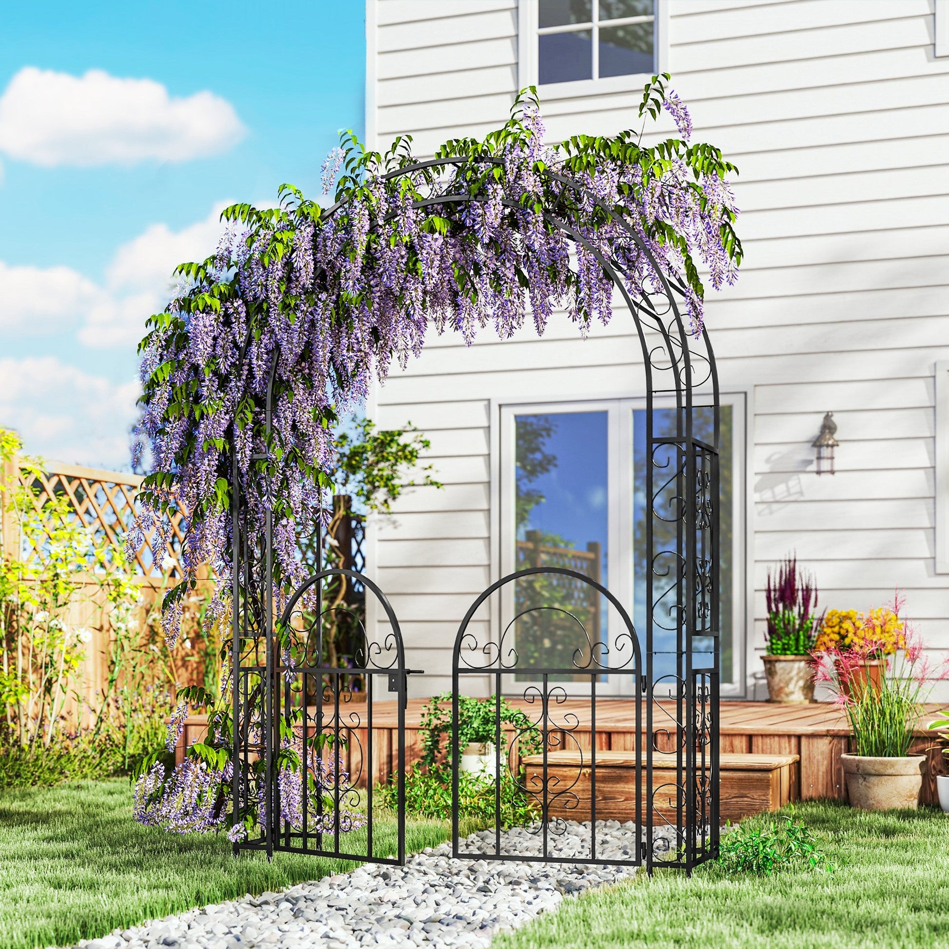 7.4ft Steel Garden Arch with Gate, Garden Arbor Trellis for Climbing Plants, Roses, Vines, Wedding Arch for Outdoor, Garden, Lawn, Backyard, Black