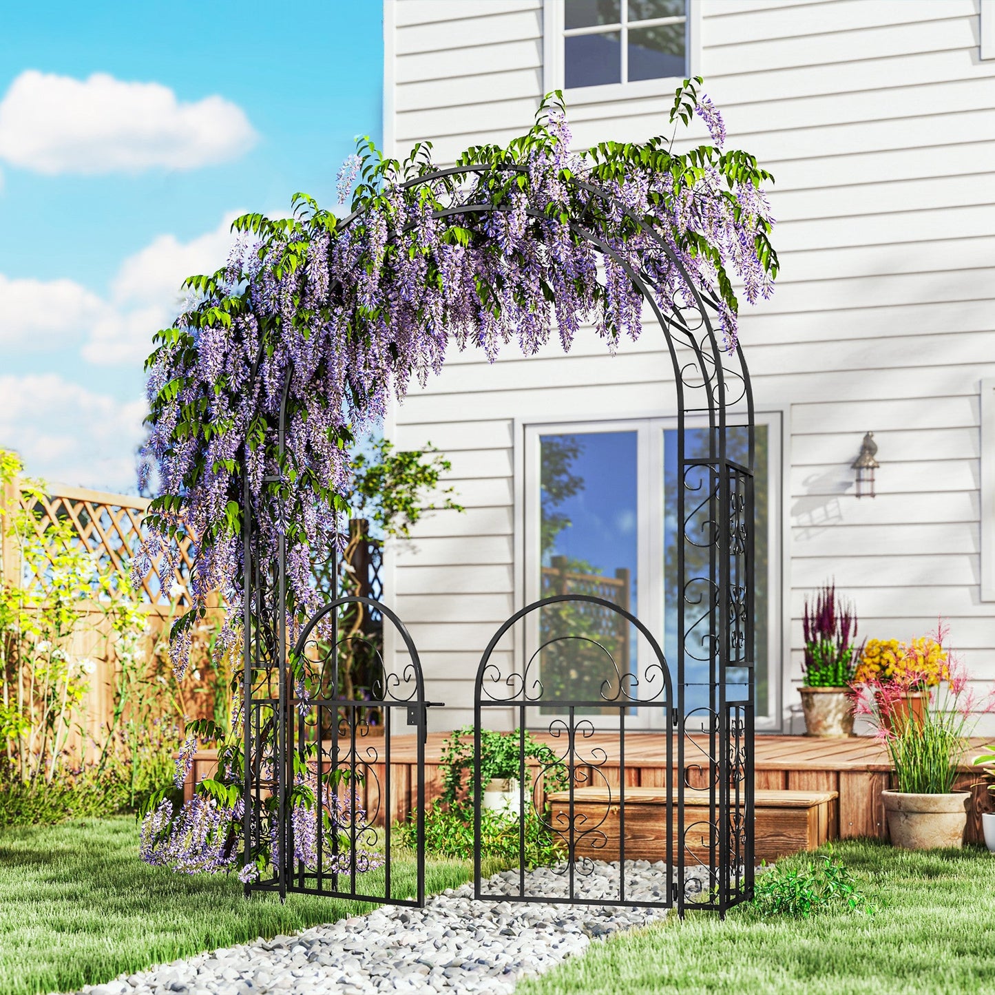 7.4ft Steel Garden Arch with Gate, Garden Arbor Trellis for Climbing Plants, Roses, Vines, Wedding Arch for Outdoor, Garden, Lawn, Backyard, Black