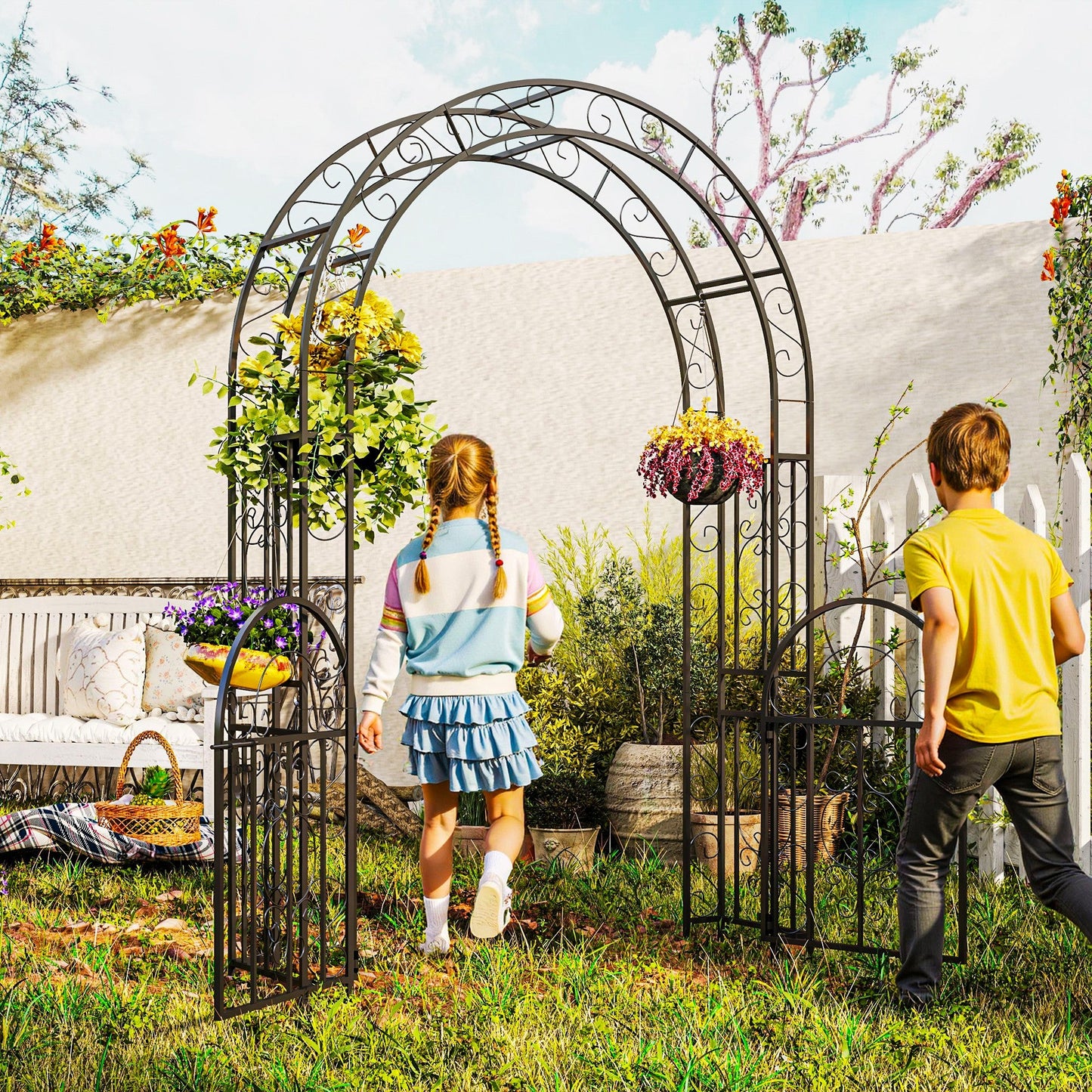 7.4ft Steel Garden Arch with Gate, Garden Arbor Trellis for Climbing Plants, Roses, Vines, Wedding Arch for Outdoor, Garden, Lawn, Backyard, Black