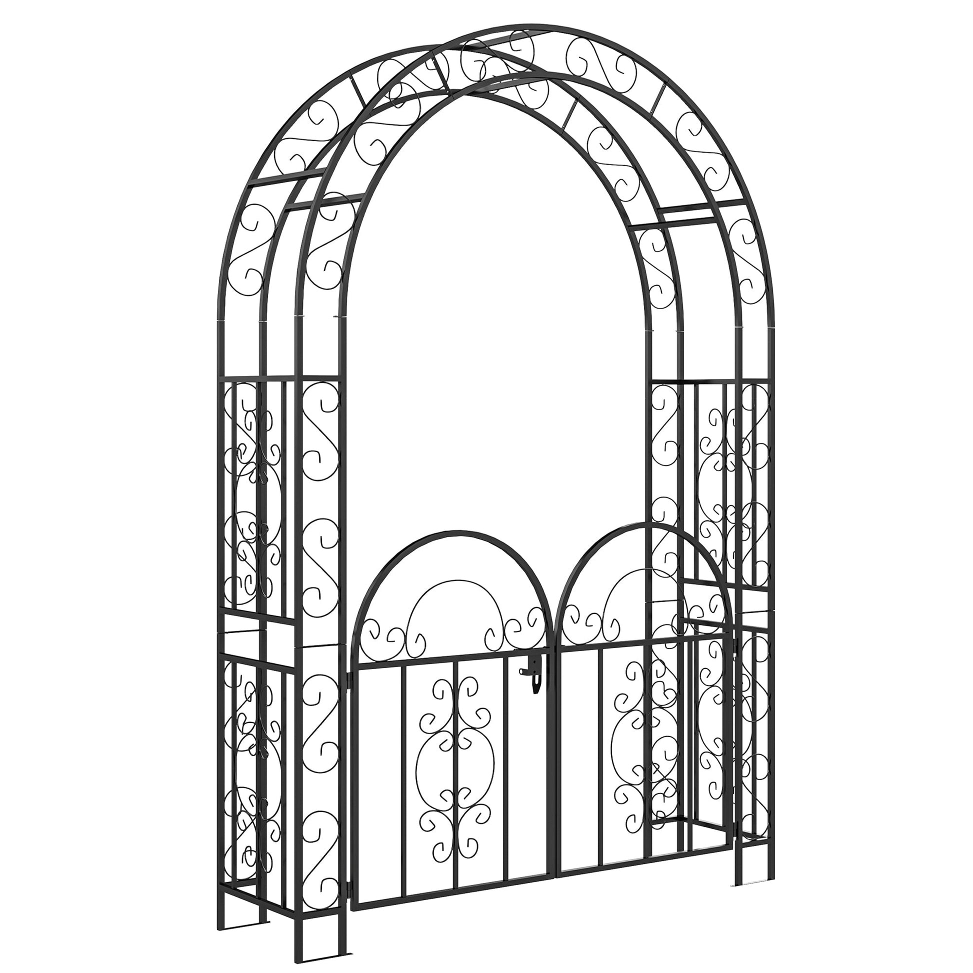 7.4ft Steel Garden Arch with Gate, Garden Arbor Trellis for Climbing Plants, Roses, Vines, Wedding Arch for Outdoor, Garden, Lawn, Backyard, Black