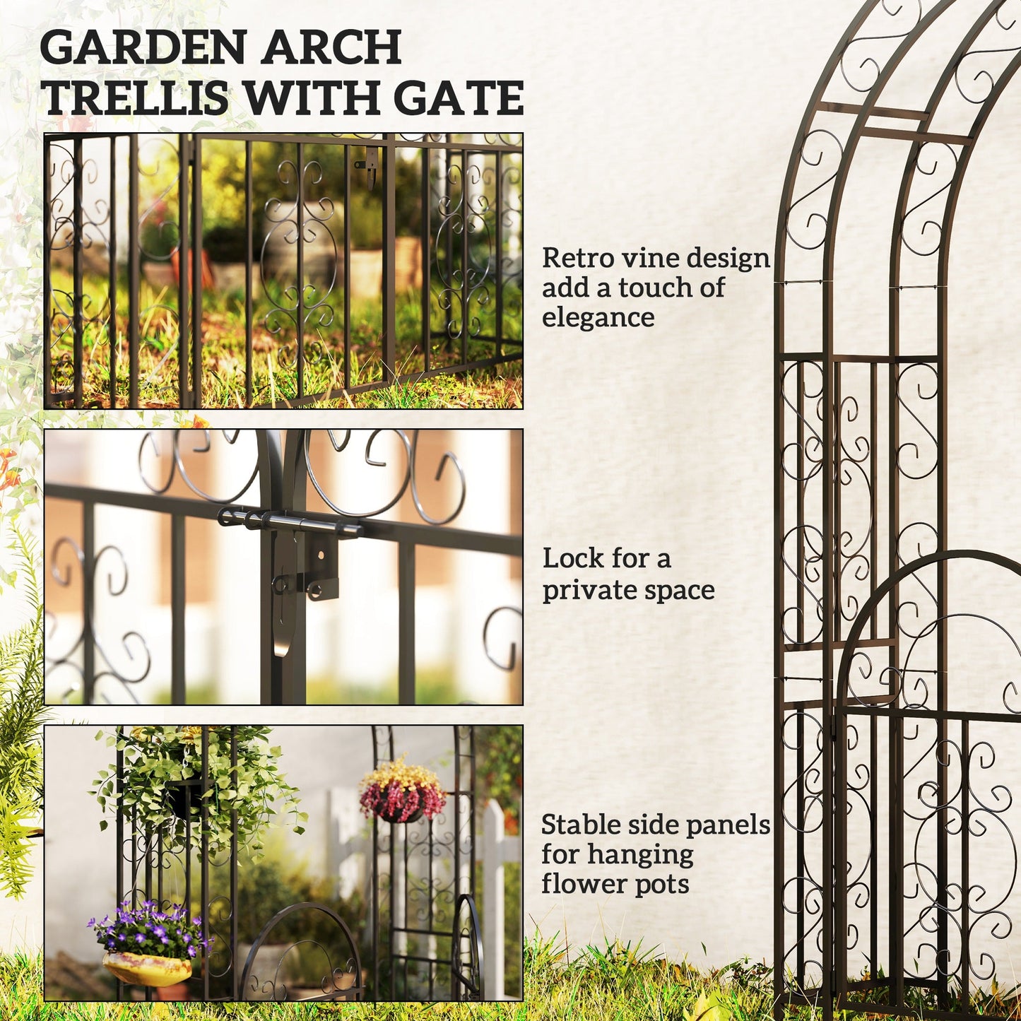 7.4ft Steel Garden Arch with Gate, Garden Arbor Trellis for Climbing Plants, Roses, Vines, Wedding Arch for Outdoor, Garden, Lawn, Backyard, Black