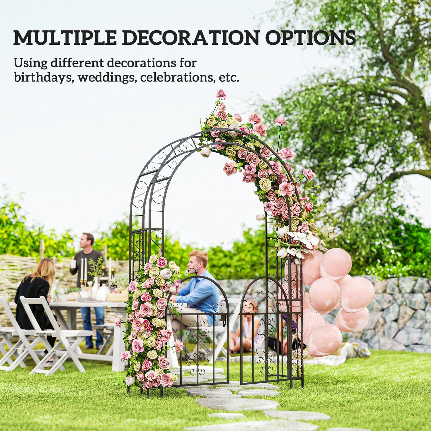 7.4ft Steel Garden Arch with Gate, Garden Arbor Trellis for Climbing Plants, Roses, Vines, Wedding Arch for Outdoor, Garden, Lawn, Backyard, Black