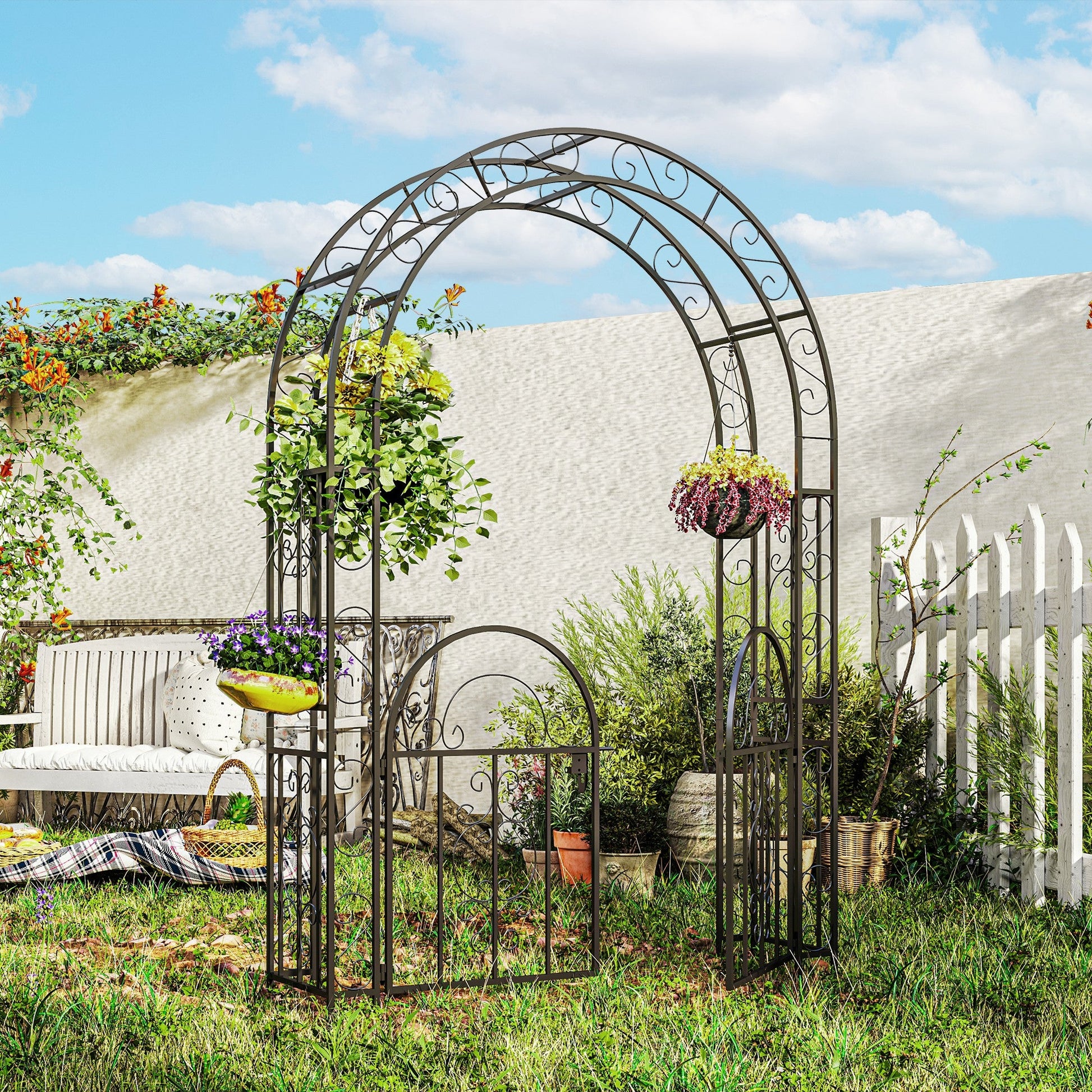 7.4ft Steel Garden Arch with Gate, Garden Arbor Trellis for Climbing Plants, Roses, Vines, Wedding Arch for Outdoor, Garden, Lawn, Backyard, Black