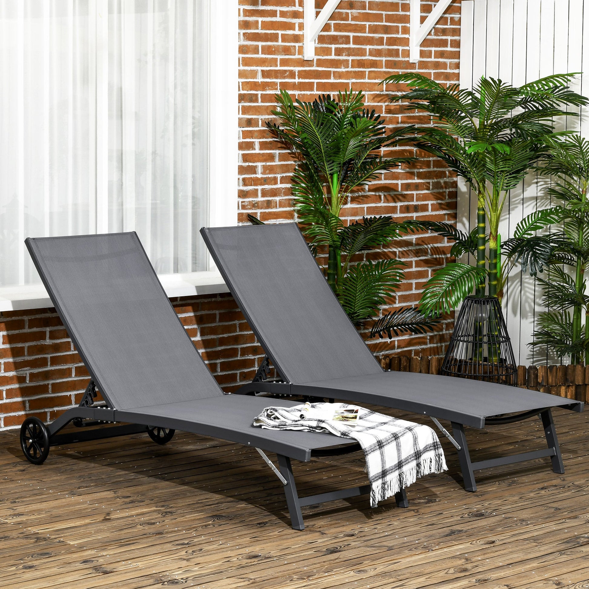 Lounge Chair Outdoor Set of 2 with Wheels, 5-Position Reclining Chaise Lounge Tanning Chair, Breathable Mesh Sun Lounger for Patio, Backyard, Beach, Poolside, Dark Grey