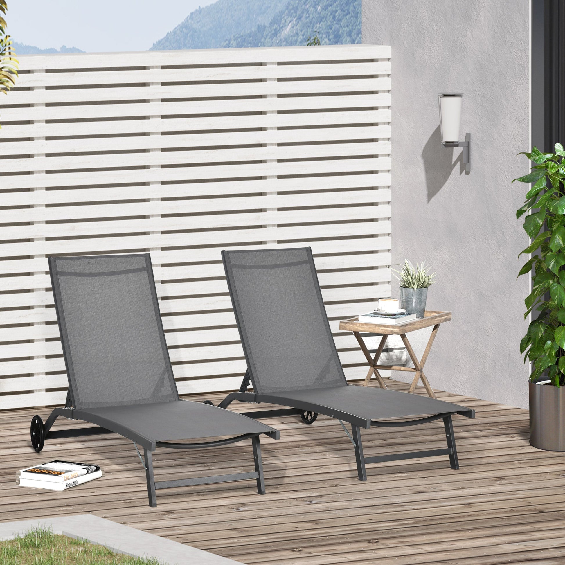 Lounge Chair Outdoor Set of 2 with Wheels, 5-Position Reclining Chaise Lounge Tanning Chair, Breathable Mesh Sun Lounger for Patio, Backyard, Beach, Poolside, Dark Grey